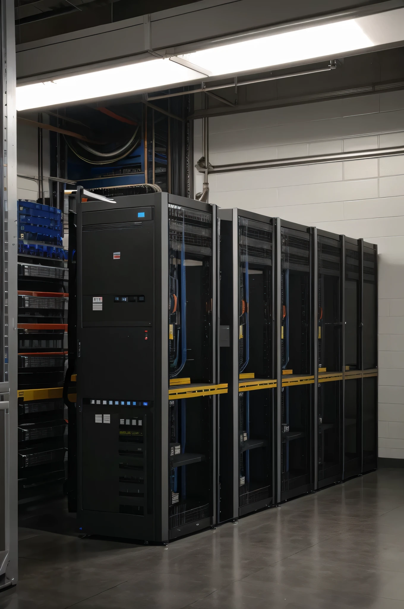 Modern data center server racks in electrical warehouse complex dark room.