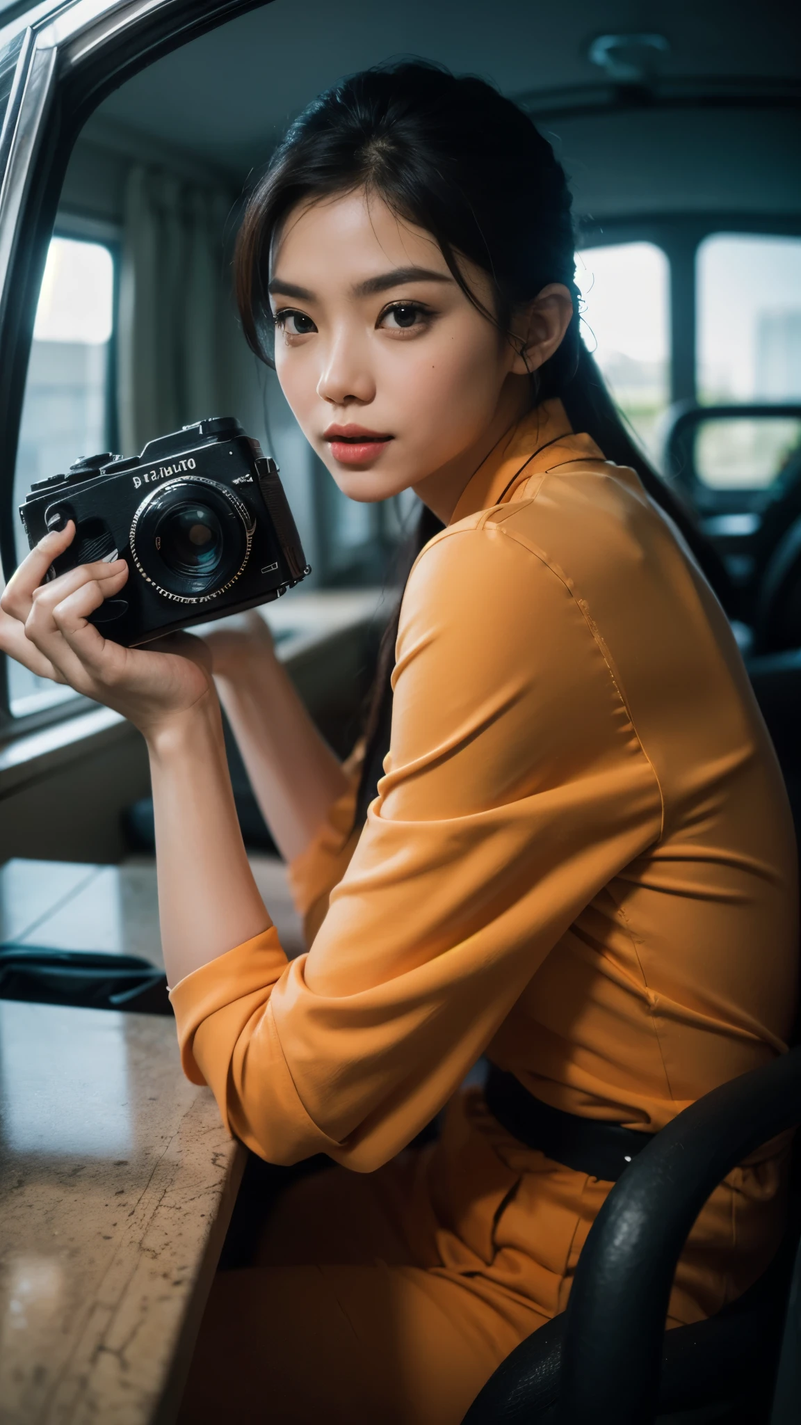 Illustrate a thrilling heist scene where the Malay woman wears a sophisticated ensemble inspired by 'The Italian Job,' pastel orange outfit exuding confidence as she plans the perfect caper, Super 8mm lense, Low angle shot, bright color grading, depth of field cinematography, western film style, high quality, ultra detail, 8k resolution