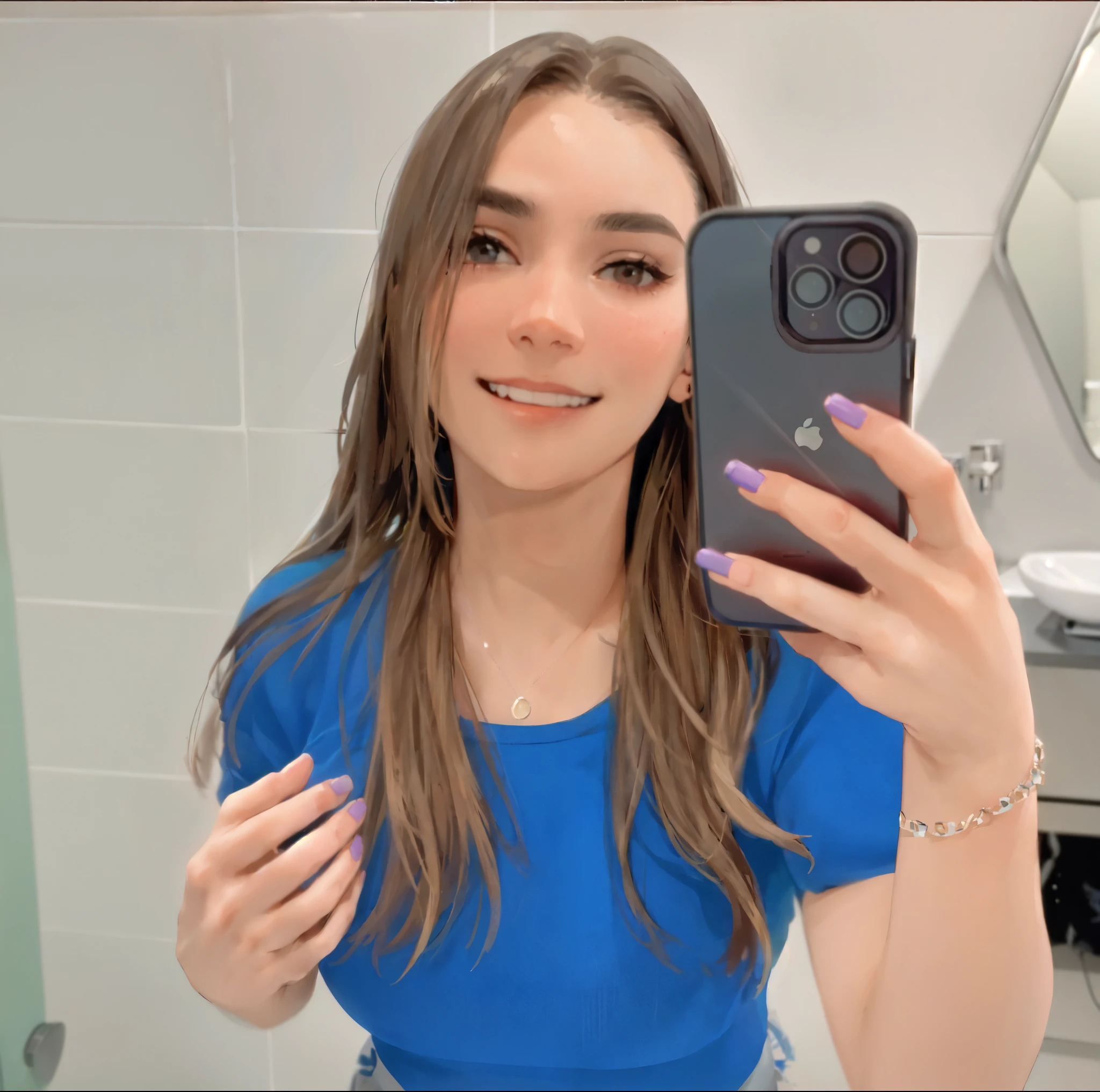 arafed woman taking a selfie in a bathroom mirror, selfie of a young woman, 8k selfie photograph, mirror selfie, wearing a neon blue hoodie, iphone selfie, very very low quality picture, she has perfect white teeths, pokimane, blue outfit, accidentally taking a selfie, 18 years old, wearing a cute top