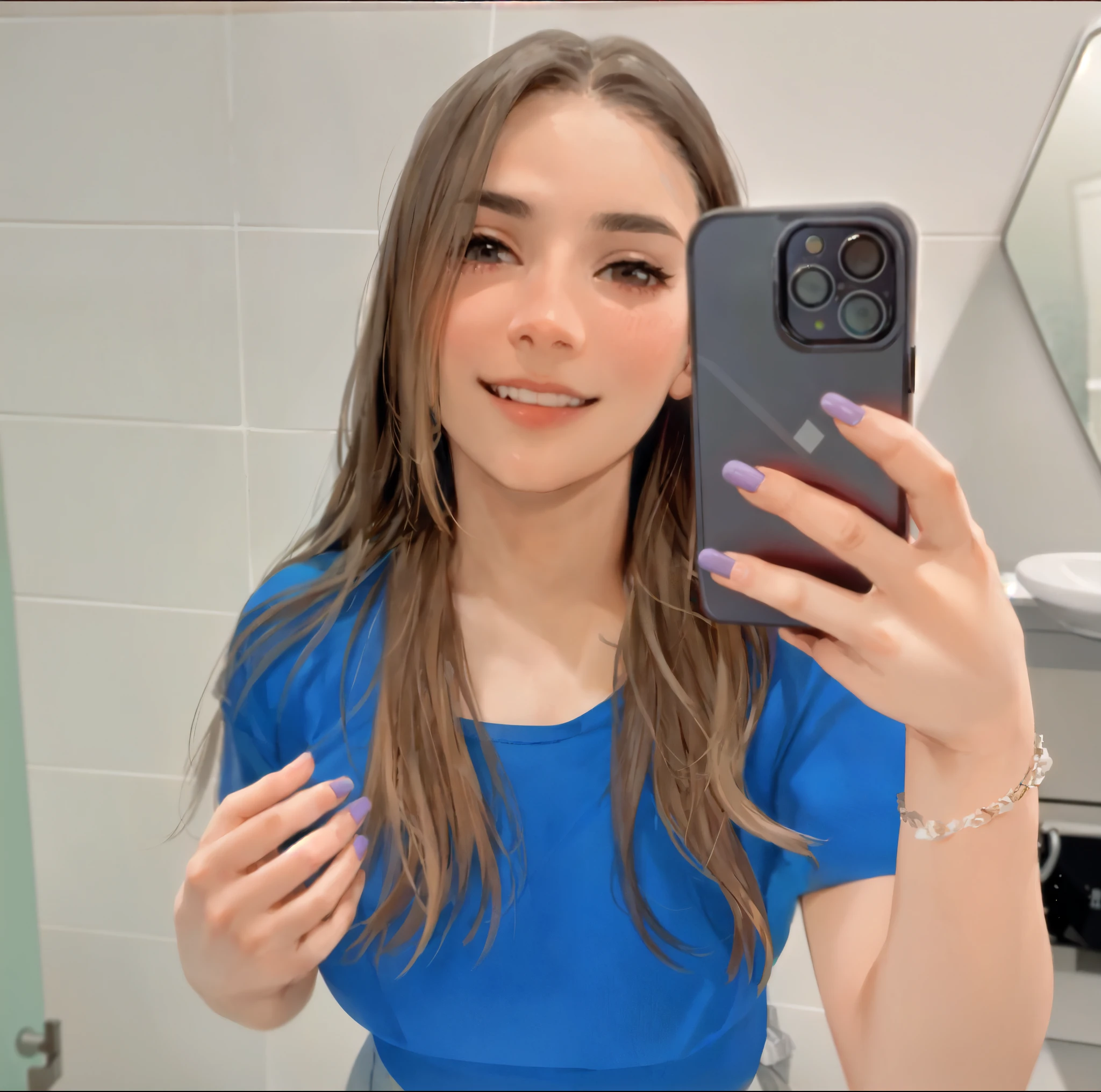 arafed woman taking a selfie in a bathroom mirror, selfie of a young woman, 8k selfie photograph, mirror selfie, wearing a neon blue hoodie, iphone selfie, very very low quality picture, she has perfect white teeths, pokimane, blue outfit, accidentally taking a selfie, 18 years old, wearing a cute top
