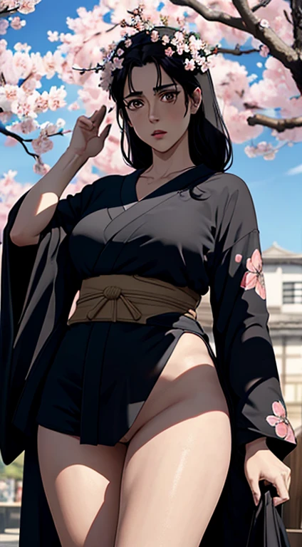 (masterpiece), best quality, expressive black eyes, perfect face, massive , standing, wearing a kimono, cherry blossom trees background, flowers on her head,front facing, black hair, thigh legs , Carla Yeager