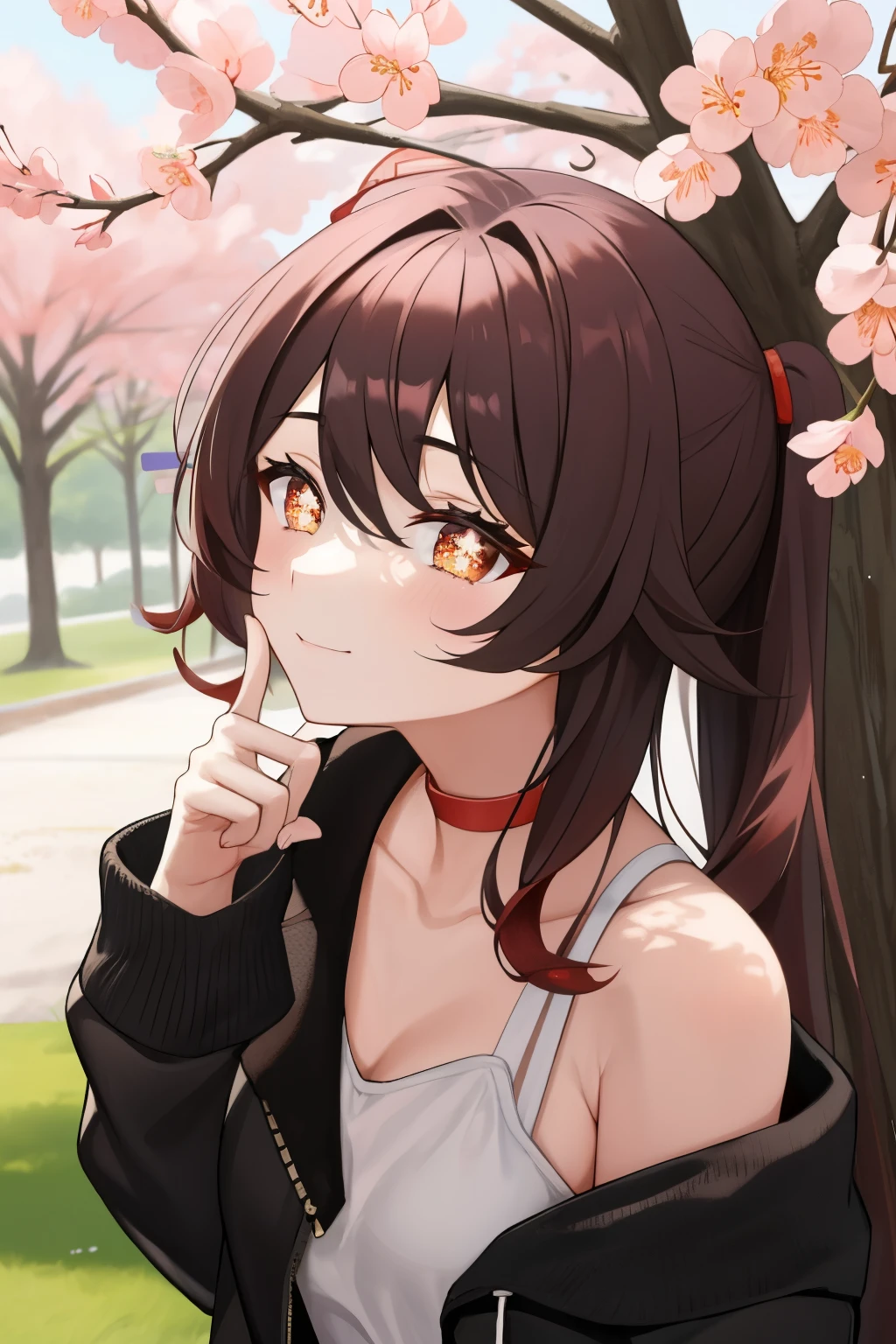 HuTaoV4,1girl,solo,short hair, off shoulder, collar bone, look at viewer, perfect fingers, armpit peek, Beautiful flowers bloom, (sparkles), (There is a blooming sakura)，standing under a tree, (head looking up), Look at the tree, Natural soft light, macaron, Still ethereal, Crisp and smooth lines, radiant morning light, soft luminescent glow, casual clothes, jacket,finger simle