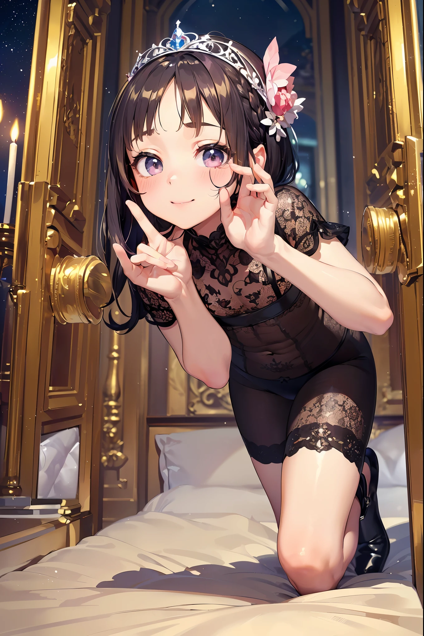 night、lovelive　Ruby Kurosawa、Black hair twin tail drill　Wave、Black Background、Evil background、Hotel Bedroom、Sensual pink light、Shiny gothic that wraps around the body　Lolita　Off the shoulder、Upper Body、tall、Black long gloves、Upper Body、Evil female warrior、Fantasy、Condescending smile、Fallen into evil、Fall into Darkness、Kneel