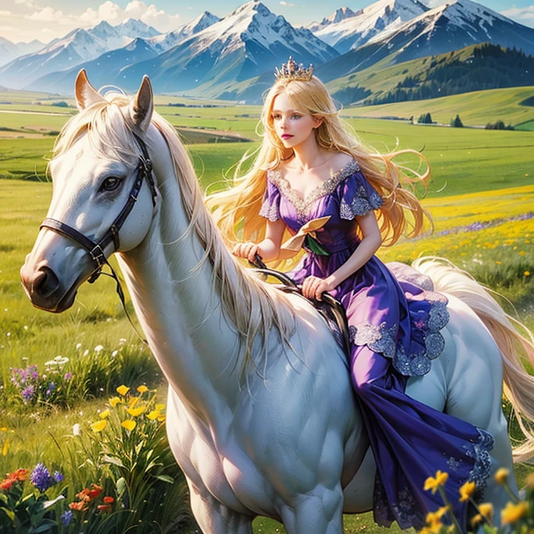 18 year old girl with long hair, Riding a white horse, grassland, wild flowers, snow mountain. Purple dress, pink ribbon on the chest, long blonde hair、green eyes、 Princess