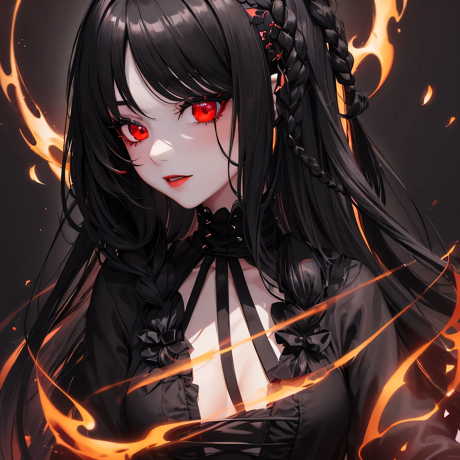 1 girl,Depp's Sense,confused,catch light,Super beautiful illustration,(black color,long hairstyles:1.6),dark dark eyeshadow,bright red lipstick,Gothic Lolita,;d,beautiful and delicate hair,delicate and detailed red eyes,red light effect,Burning flame