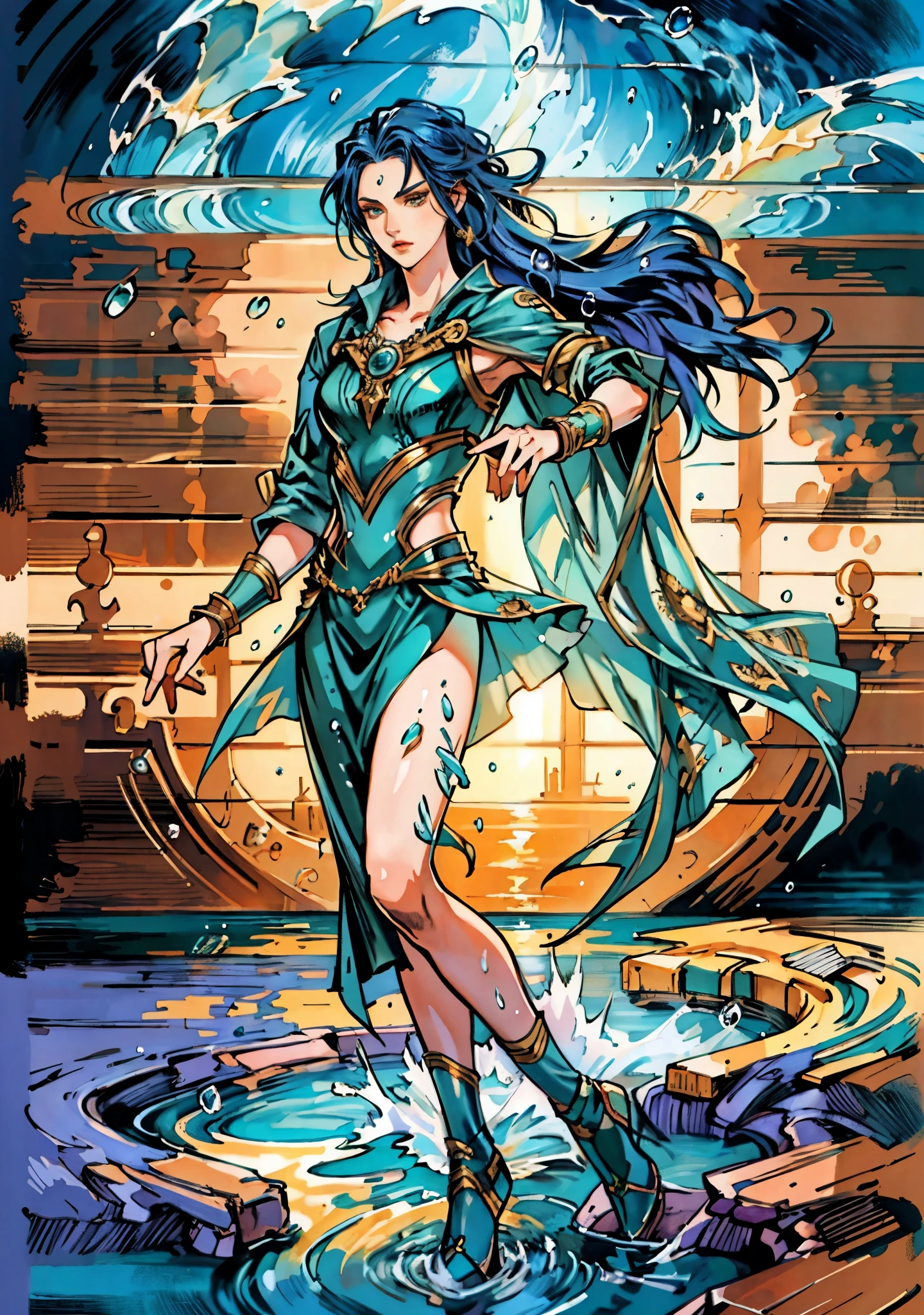 A beautiful woman with cascading waves of aqua-blue long hair, exquisite facial features, a melancholic expression, delicate and bright eyes, skin as smooth and radiant as polished jade, her slender and graceful figure dances like water splashes in the wind, a splendid fantasy-style islander ethnic costume, a short skirt resembling ocean waves, her slender legs leap lightly above the water surface, surrounded by splashing droplets that dance in the air, this character embodies a finely crafted fantasy-style female dancer in anime style, exquisite and mature manga art style, high definition, best quality, highres, ultra-detailed, ultra-fine painting, extremely delicate, professional, anatomically correct, symmetrical face, extremely detailed eyes and face, high quality eyes, creativity, RAW photo, UHD, 8k, Natural light, cinematic lighting, masterpiece-anatomy-perfect, masterpiece:1.5