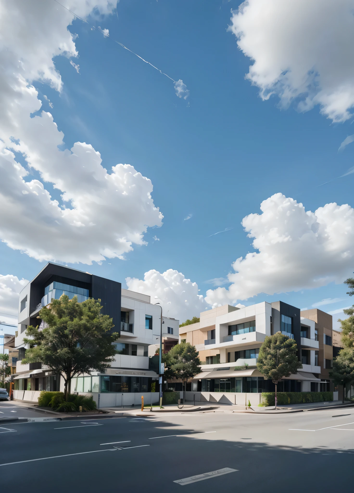 1 coin d'intersection de rue, Pas de trafic, beaucoup d'arbres, Scène de jour, ensoleillé, nuageux, Architecture moderne, 4k, Grande photo de paysage