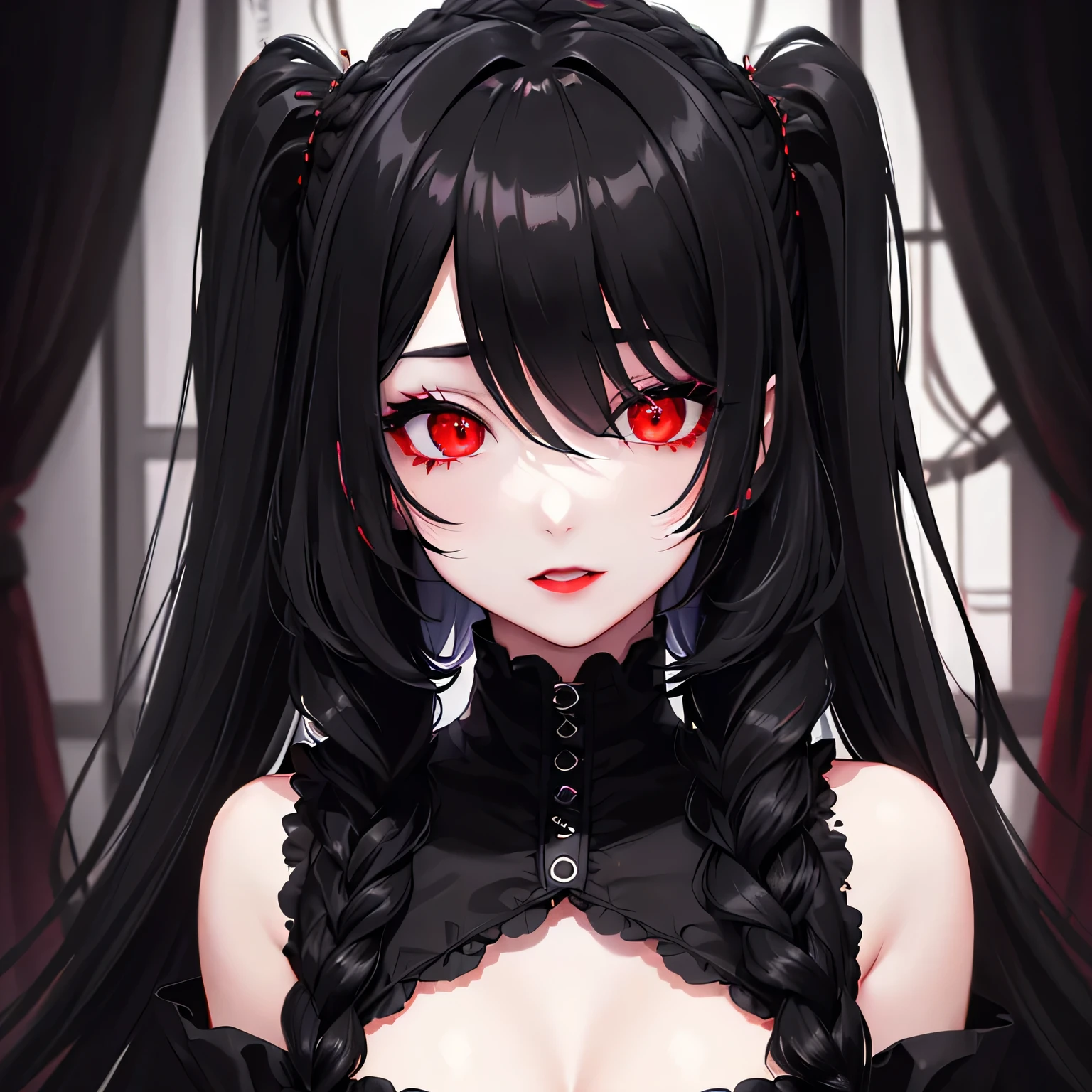 1 girl,Depp's Sense,confused,catch light,Super beautiful illustration,(black color,long hairstyles:1.6),dark dark eyeshadow,bright red lipstick,Gothic Lolita,;d,beautiful and delicate hair,delicate and detailed red eyes,red light effect,Burning flame