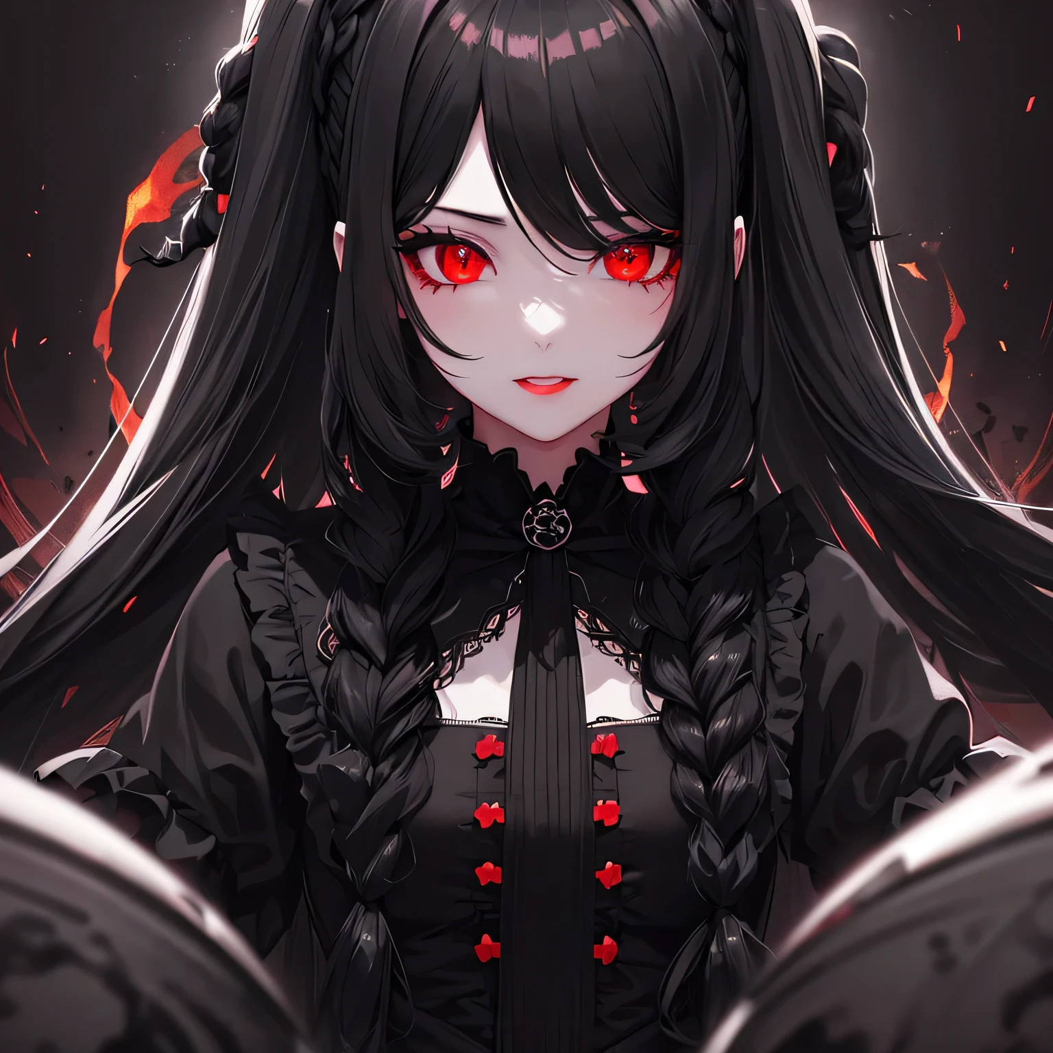 1 girl,Depp's Sense,confused,catch light,Super beautiful illustration,(black color,long hairstyles:1.6),dark dark eyeshadow,bright red lipstick,Gothic ta,;d,beautiful and delicate hair,delicate and detailed red eyes,red light effect,Burning flame