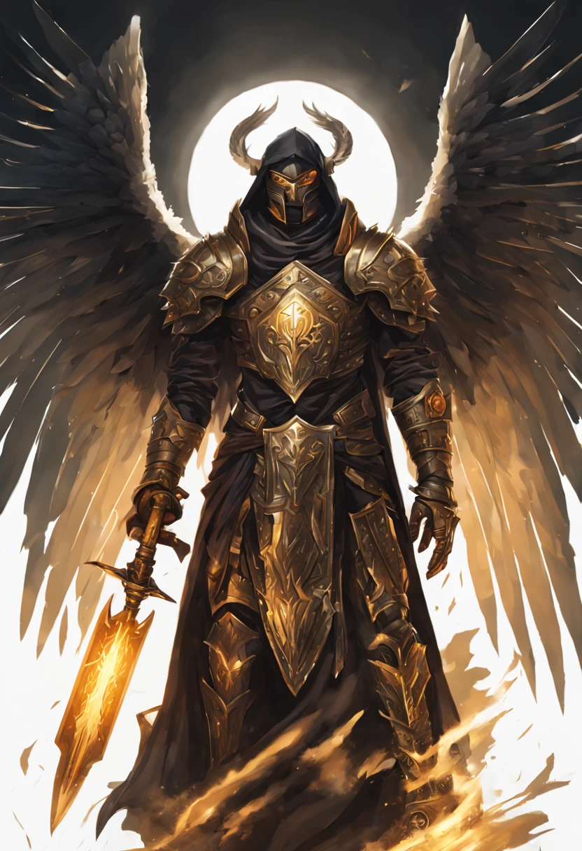 Dnd Protector Aasimar cleric of the grave domain: demigod son of thanatos flying with large angelic wings, wearing scale mail armor and a dark cloak over their head, and wielding a shield along with a magical inverted torch the size of a staff, they are  illuminating light in a dark background