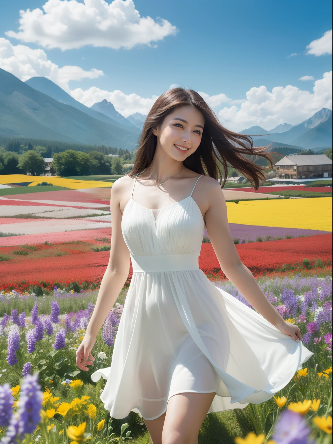 1girl, dynamic angle, clouds and mountains, (flower field:1.4) foreground, white dress, (colorful wind:1) (photorealistic:1.4), official art, unity 8k wallpaper, ultra detailed, aesthetically beautiful, masterpiece,top quality, cinematic lighting, smiling
