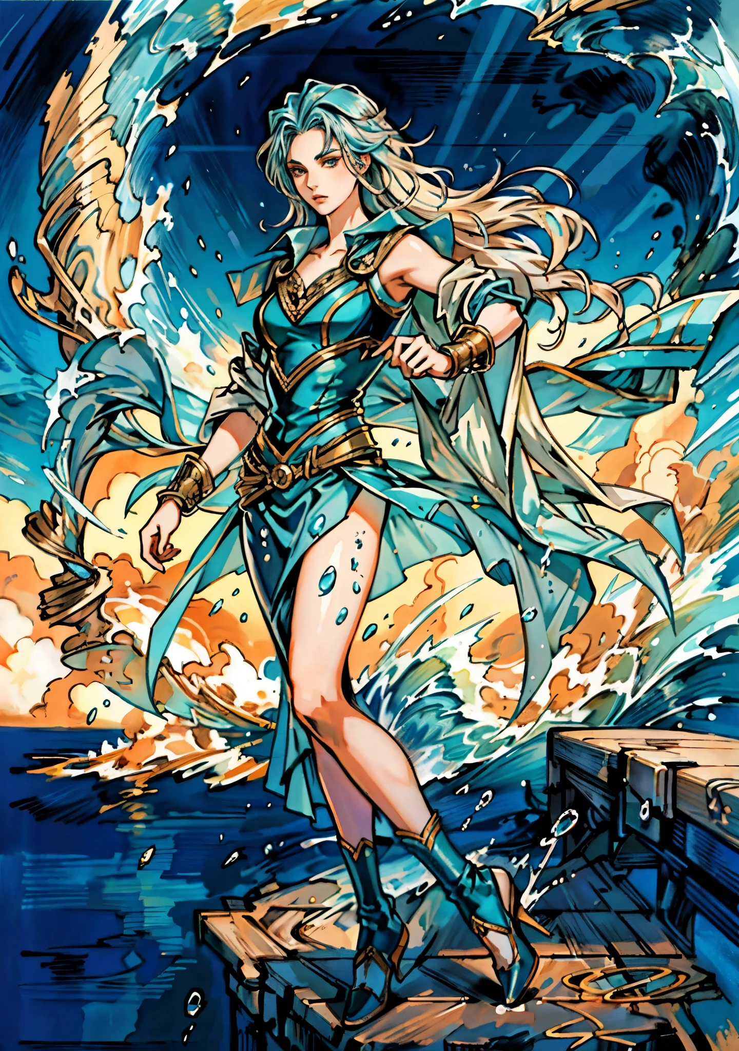 A beautiful woman with cascading waves of aqua-blue long hair, exquisite facial features, a melancholic expression, delicate and bright eyes, skin as smooth and radiant as polished jade, her slender and graceful figure dances like water splashes in the wind, a splendid fantasy-style islander ethnic costume, a short skirt resembling ocean waves, her slender legs leap lightly above the water surface, surrounded by splashing droplets that dance in the air, this character embodies a finely crafted fantasy-style female dancer in anime style, exquisite and mature manga art style, high definition, best quality, highres, ultra-detailed, ultra-fine painting, extremely delicate, professional, anatomically correct, symmetrical face, extremely detailed eyes and face, high quality eyes, creativity, RAW photo, UHD, 8k, Natural light, cinematic lighting, masterpiece-anatomy-perfect, masterpiece:1.5