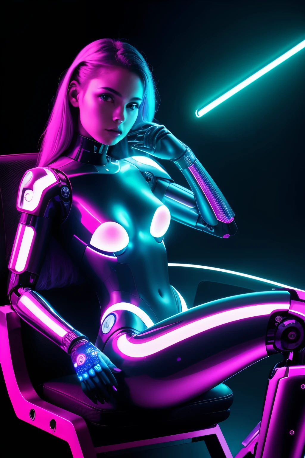 Photo of a cyborg girl, polished HAAS einerrobot, neon fluorescente, ((Portrait)), ((Detailed face:1.2)), ((advanced robotic features)), (highly textured metal skin), glowing blue eyes, , reclining on a metallic chair, Futuristic environment, Surrounded by holographic displays, Warm color palette, Neon lighting, Reflectors, (masutepiece) (perfectly proportions)(photos realistic)(Best Quality) (Detailed) photographed in a Canon EOS C70, 35mm Lens, F/1.8, nffsw, (8