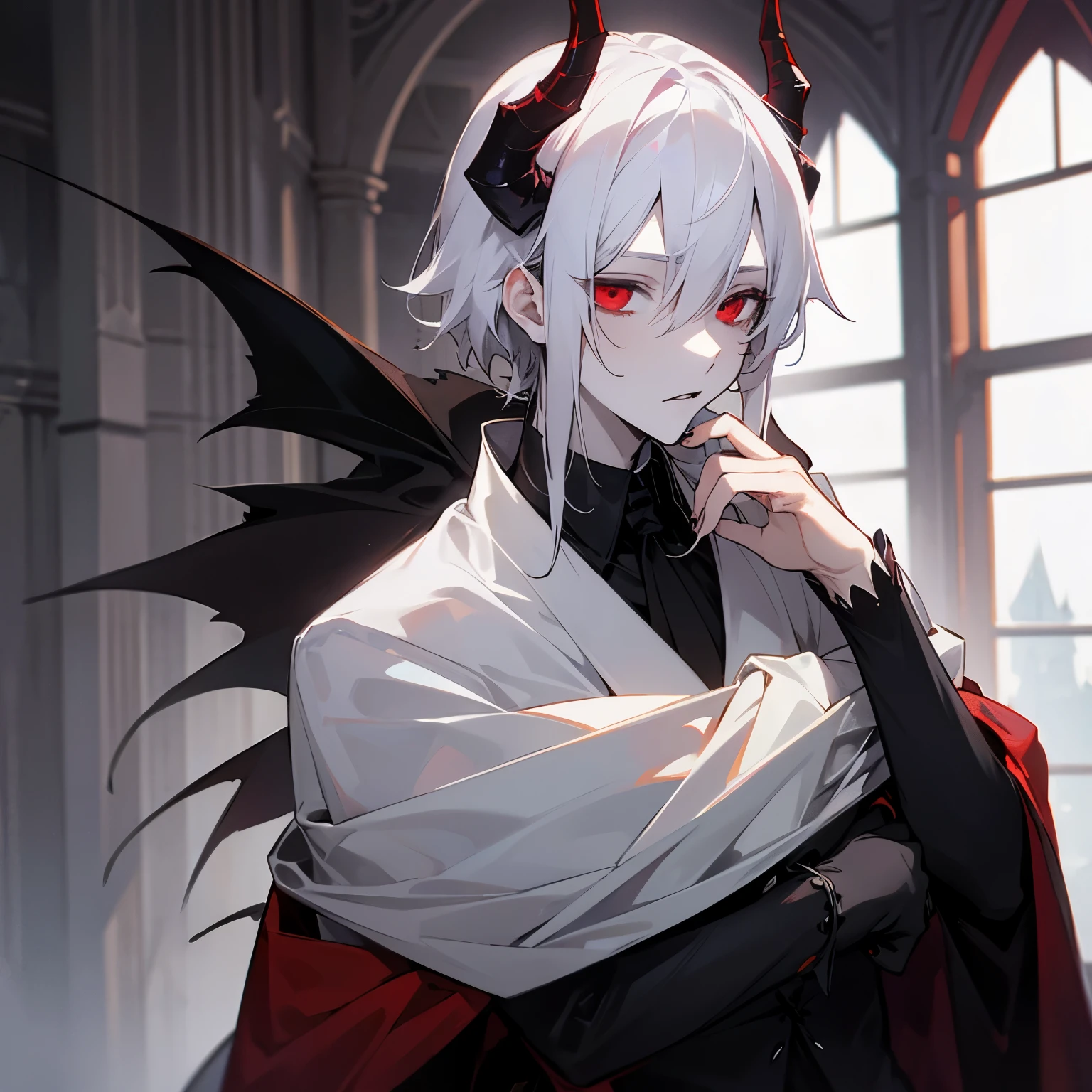 solo, man, anime male, house, pale skin, demon, white hair, red eyes, shy, in love, prince, gothic fashion, black crown, horns