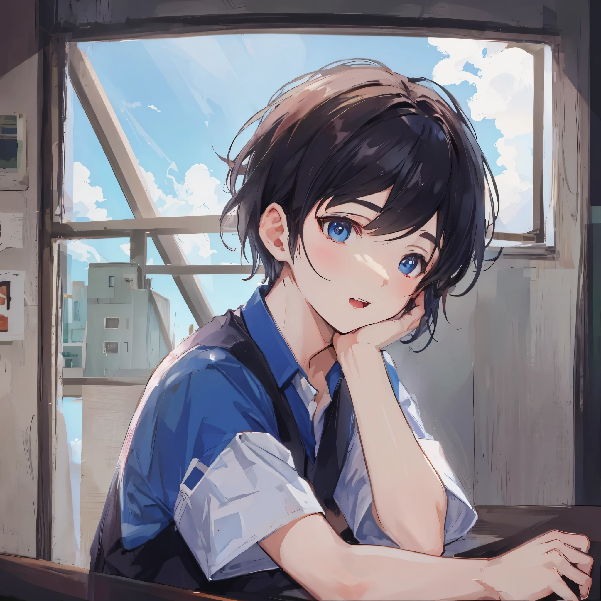 anime boy sitting at a table with his hand on his chin, sigh.open mouth widely.window, blue sky