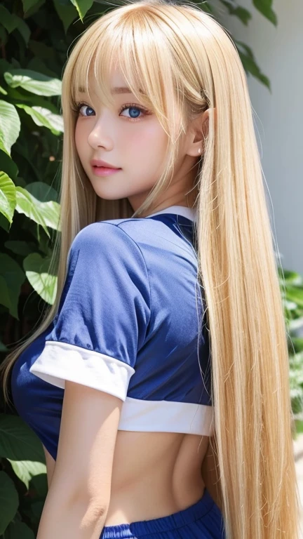 Sexy Big 、A cute -yeld giwith a sexy and cute look, beautiful and sexy face、A strong wind blows my hair in front of my face、With straight blonde hair、beautiful, Cute and sexy eyes hidden behind long bangs、Sexy Cheerleader
