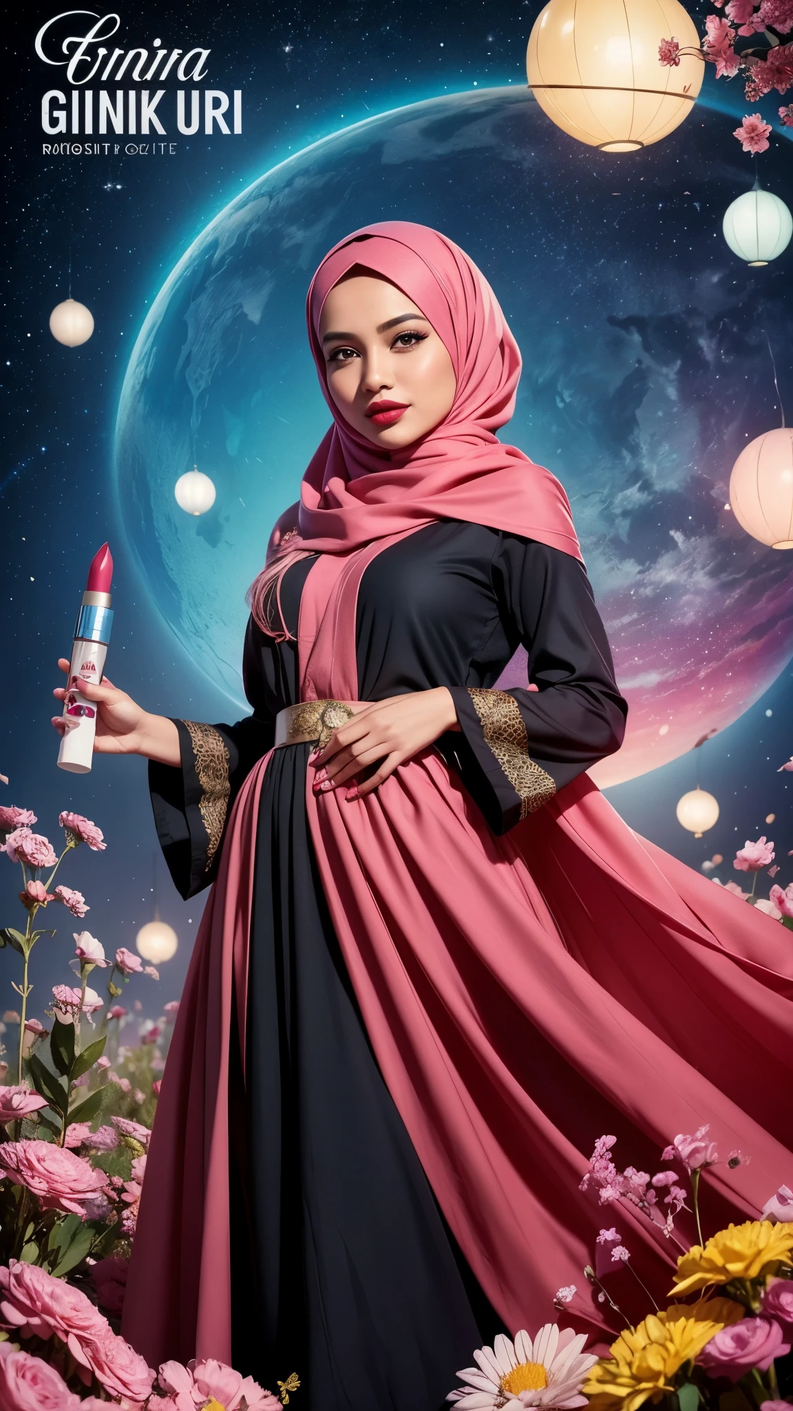 Design a whimsical advertising poster for a lipstick product with text "GINCU". Feature a Malay girl in hijab wearing long sleeve modest dress surrounded by floating lipstick tubes in a fantasy world. Use vibrant colors to evoke a sense of playfulness and glamour,