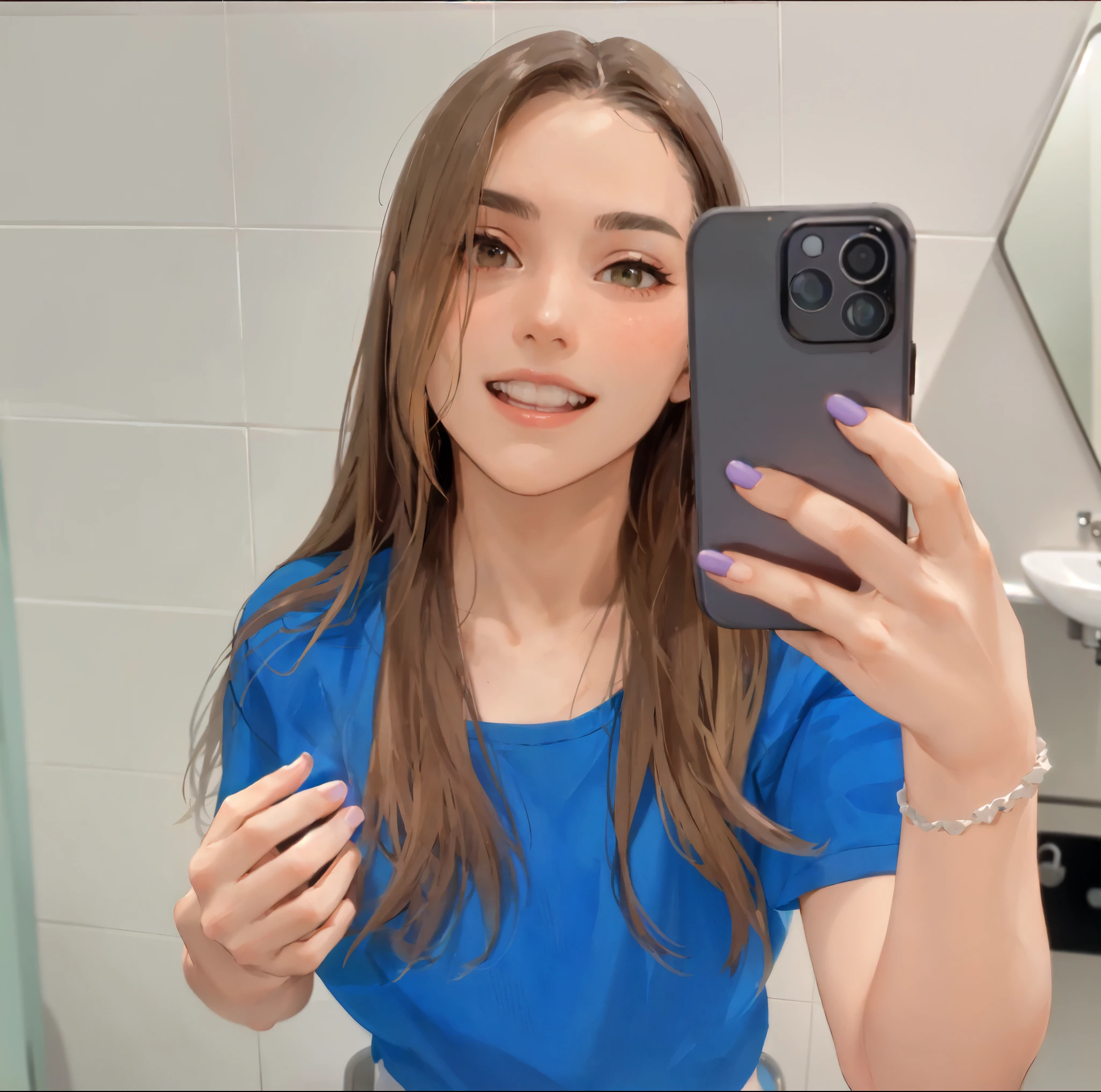 arafed woman taking a selfie in a bathroom mirror, selfie of a young woman, 8k selfie photograph, mirror selfie, wearing a neon blue hoodie, iphone selfie, very very low quality picture, she has perfect white teeths, pokimane, blue outfit, accidentally taking a selfie, 18 years old, wearing a cute top