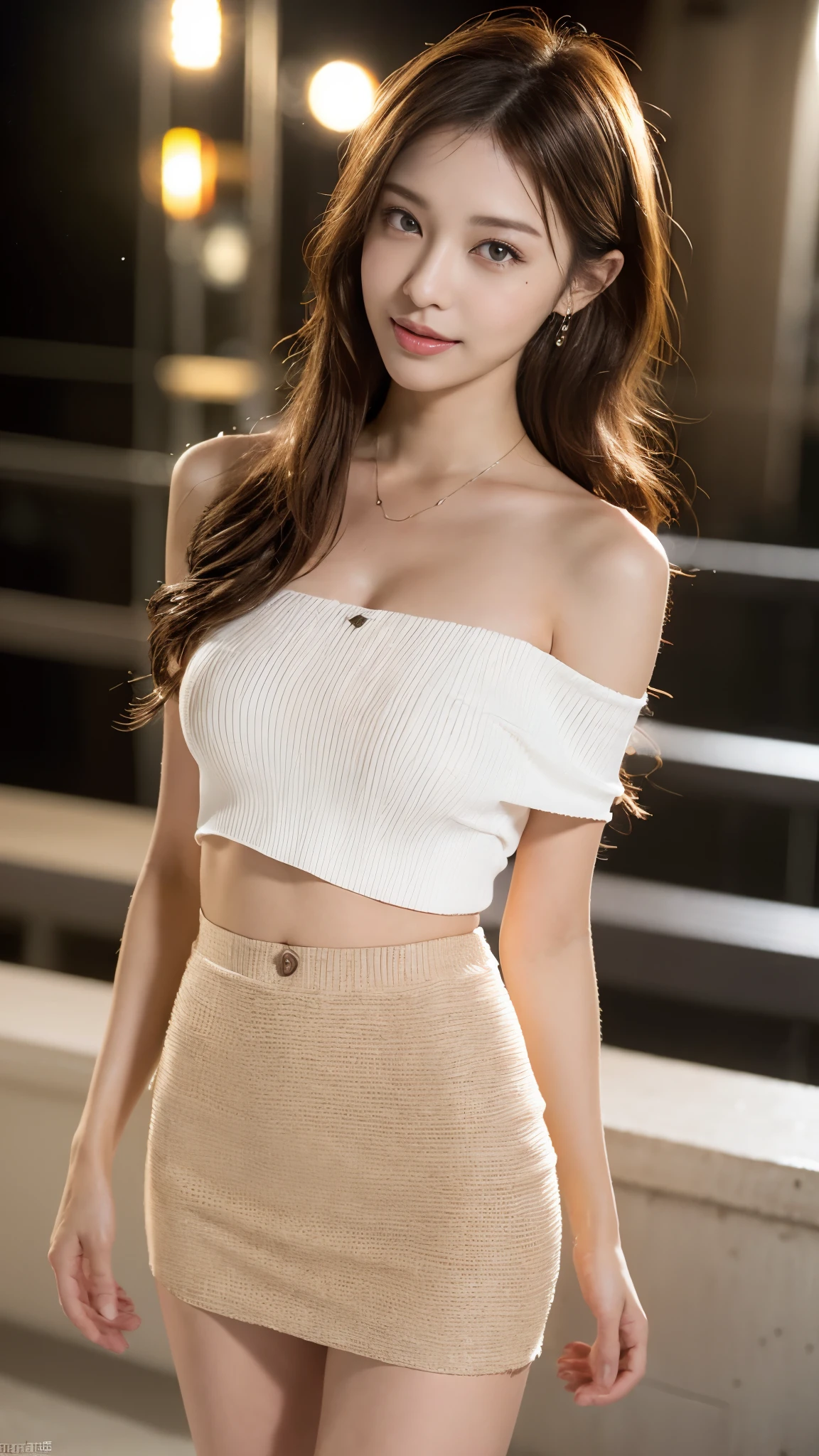 (in 8K, best-quality, masterpiece: 1.3), (intricate detailes:1.4), (Raw photo, Photorealsitic: 1.4), octane renderings, Complex 3D rendering ultra detail, Studio Soft Light, Rim Lights, vibrant detail, super detailing, realistic skin textures, Detail Face, Beautiful detail eyes, Very detailed CG Unity 16k wallpaper, make - up, (detailed background: 1.2), Realistic skin feeling, shinny skin, blur background, bokeh, supermodel, perfect body, (full body, wide shot, long shot: 1.3), Low Angle: 1.3, 1 Girl, Solo: 1.5, Night Concert Venue Stage, KPOP Star, KPOP Idol, KPOP Outfit, Sexy, Fancy Makeup, cold shoulder top: 1.3, Short Skirt: 1.2, Raw legs, high heels, 100 degree open legs: 1.5, М legs, crotch open: 1.5, long brown hair, see-through wet white panties: 1.5, panties visible from under the skirt: 1.3, tall, height is 170 cm, long legs: 1.2, small breasts, beautiful face: 1.2, detailed female pubic shape is clearly visible: 1.3, pubic hair: 1.3, no panties:1.3、textured skin