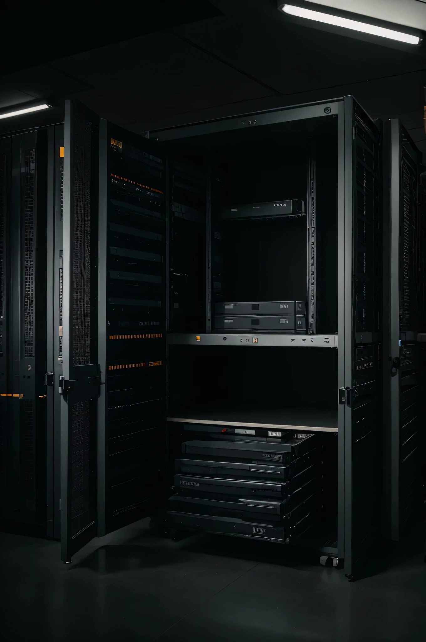 Modern data center server racks in a dark room