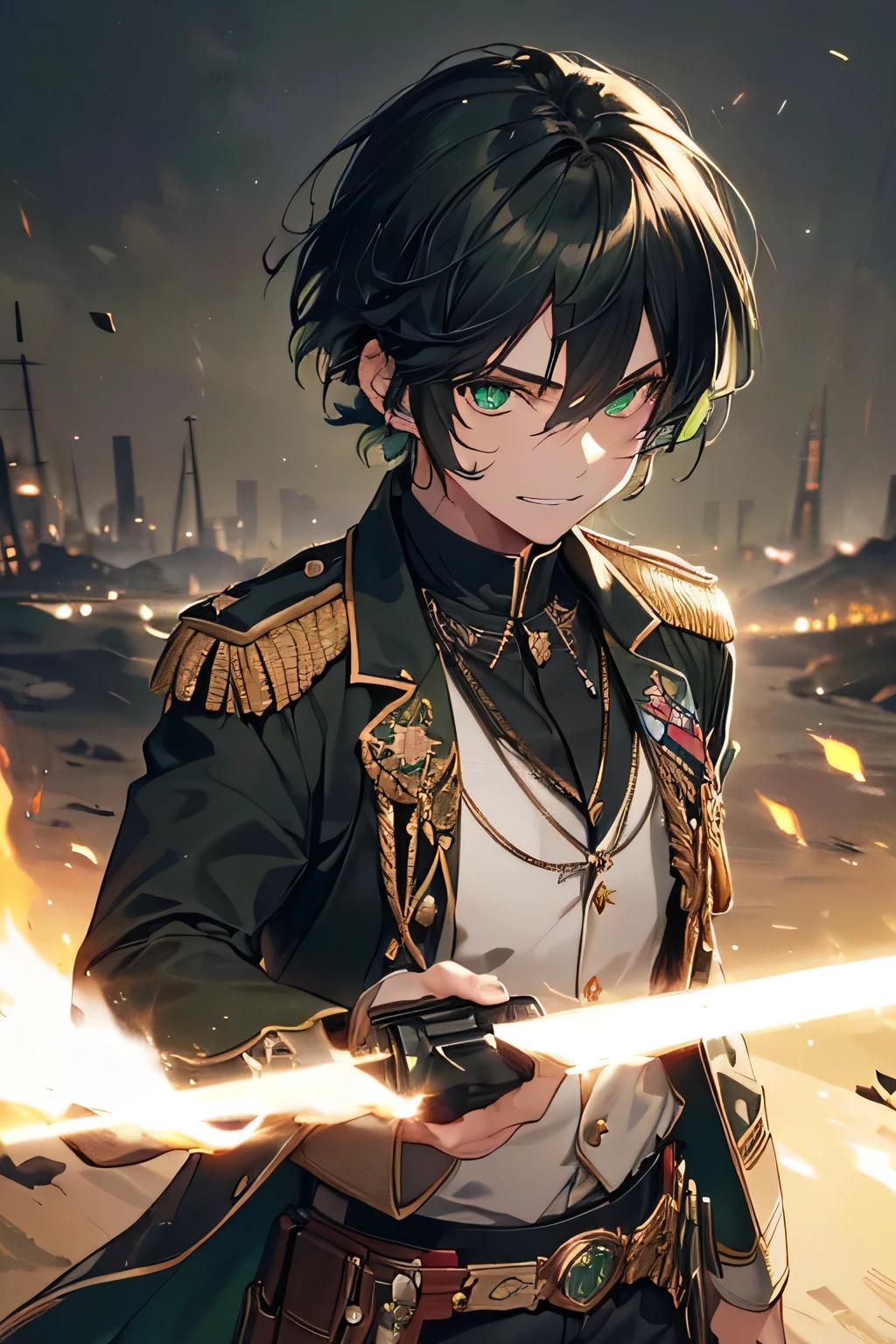 (High resolution, realistic, 4K, super detailed, masterpiece:1.2),cowboy shot (no hat:1.5), 1 boy, glowing green eyes, black hair, ((bob hair)), prince, uniform, white officer coat, a revolver, rapier, grin and laugh, poker face, night, dramatic lighting, quiet solitude, Bright colors, enchanting beauty