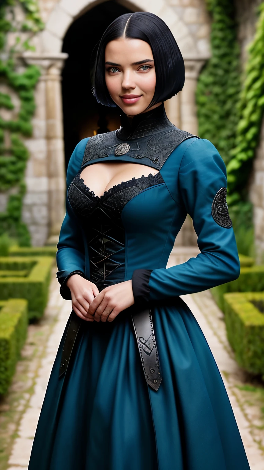 Foto hiperrealista en primer plano de Adriana Lima, Create dystopian masterpieces, medieval era,medieval clothing, rich dress, medieval dress with long-sleeves, blue dress, garden, beautiful woman, skinny, medium breasts, black short bob cut hair, detailed face, smile. smile, facing the camera, photo taken from a distance, age of 18 years old