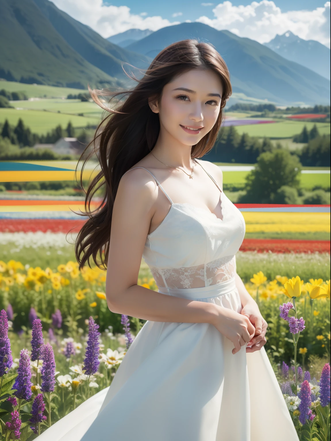 1girl, dynamic angle, clouds and mountains, (flower field:1.4) foreground, white dress, (colorful wind:1) (photorealistic:1.4), official art, unity 8k wallpaper, ultra detailed, aesthetically beautiful, masterpiece,top quality, cinematic lighting, smiling