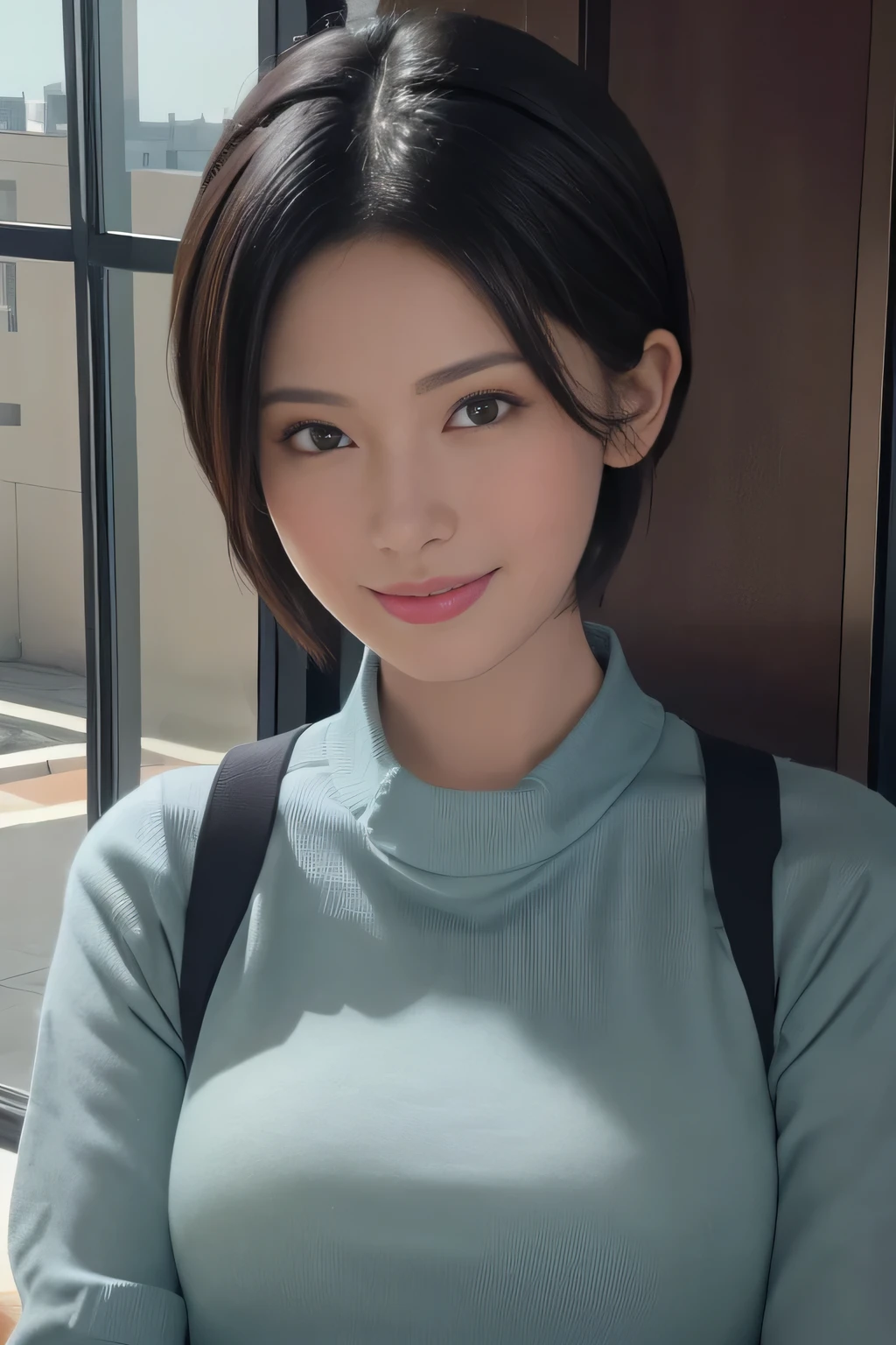 (masuter piece:1.3)、(8K、Photorealsitic、Raw photography、top-quality: 1.4)、(1girl in)、(A smile)、(Lifelike face)、(A dark-haired、short-hair:1.3)、Beautiful hairstyle、realisticeyes、Beautiful details、(real looking skin)、Beautiful skins、(Sweaters)、absurderes、enticing、超A high resolution、A hyper-realistic、high-detail、the golden ratio