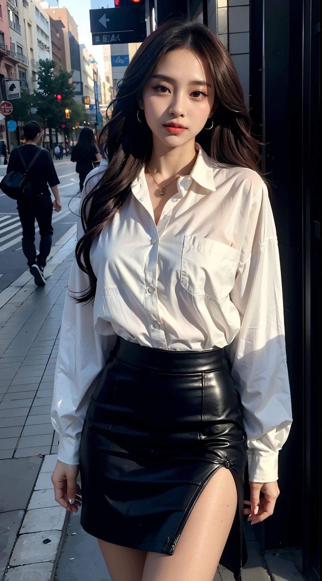 realistic, High resolution, 1 female, glowing skin, alone, jewelry, wide lips, long hair, closed mouth, hip up, shirt, black skirt, street wear,cute makeup,Idol