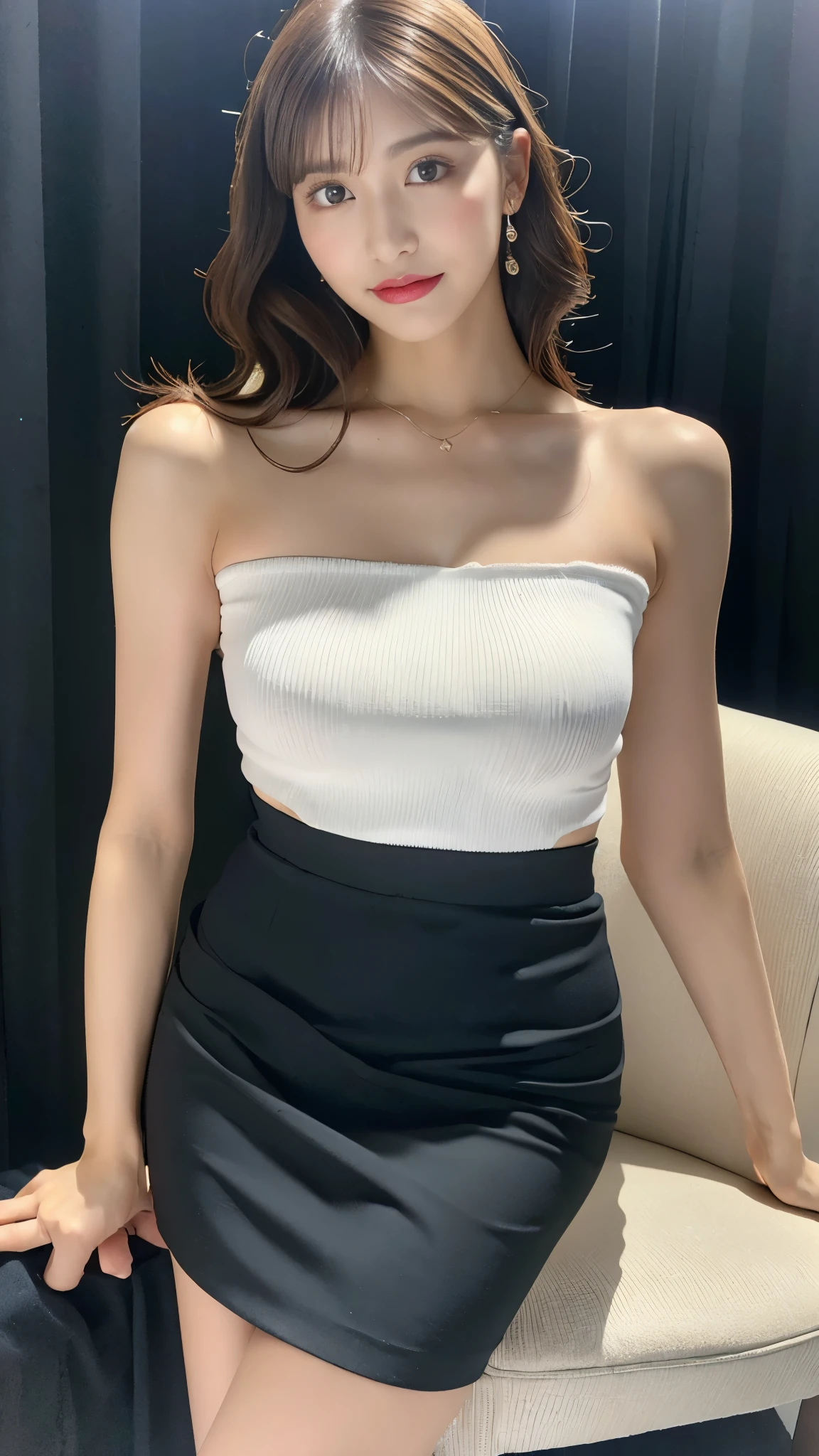 NSFW, (in 8K, best-quality, masterpiece: 1.3), (intricate detailes:1.4), (Raw photo, Photorealsitic: 1.4), octane renderings, Complex 3D rendering ultra detail, Studio Soft Light, Rim Lights, vibrant detail, super detailing, realistic skin textures, (full body, long shot, wide shot: 1.5), Detail Face, Beautiful detail eyes, Very detailed CG Unity 16k wallpaper, make - up, (detailed background: 1.2), Realistic skin feeling, shinny skin, blur background, bokeh, supermodel, perfect body, (femele: 1.4), 1girl in, goddes, 25 years old, costume photography, The whole picture, Nikon SLR camera, Focus aperture F.2, focal length 85mm, (Medium breasts), ((White bandeau top: 1.2)), (Mini skirt), Black bra and garter stockings, (Sitting on the chair), (Crossed legs), (Chest close-up), (hip close-up), Arakfi woman in business casual dress posing for photos, sitting on a bed, Elegant dress, black curly hair, Double eyelids, Black eyes, fine eye details, long eyelashes, fine eyelash details, Snow-white skin, Fine skin texture, Pozi style clothing, formalwear, Business Wear, Tight red mini skirt, business skirt, business skirt, delicate skirt, luxurious skirt, thin waist, the detailed images, elegant intellectual charm beautiful, Charming, elegant high quality, Cheerful, romantic, Natural smile, Looking at the camera