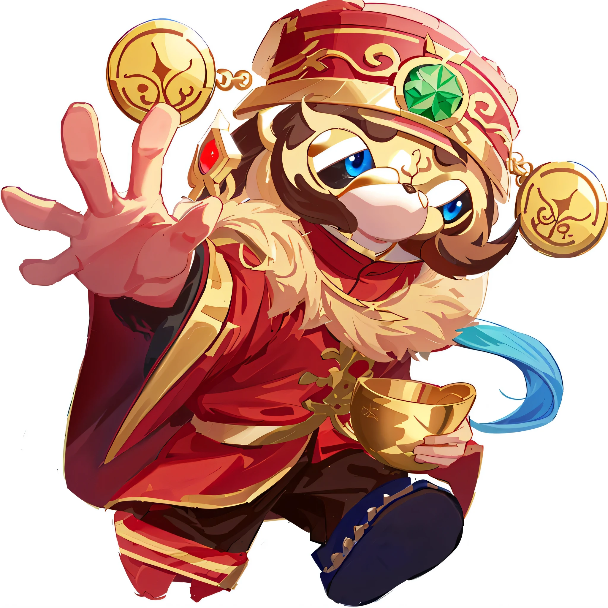 A cartoon character with a gold trophy and a red hat, god of wealth, Inspired by Hu Zaobin, Inspired by Puhua, Inspired by Huang Ding, official artwork, g liulian art style, Inspired by Li Kan, Inspired by Gong Xian, Inspired by Dong Yuan, Inspired by Huang Shen, high detailed official artwork, Inspired by Lu Guang, bian lian
