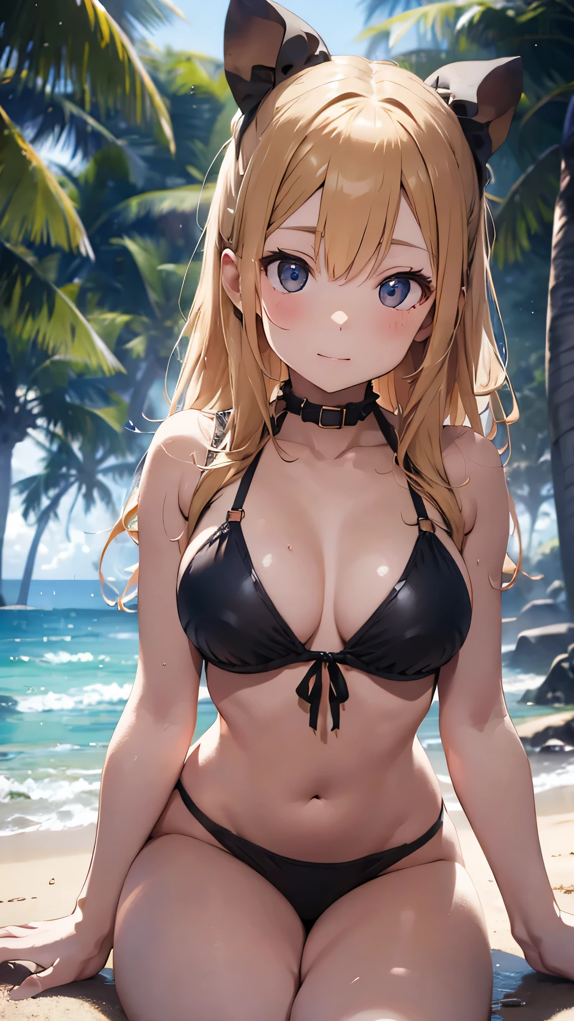 最high quality、best image quality、masterpiece、age girl((blonde beauty、American、16 y becoming、vest bust、big bust,wide open breast tea、black eye, blonde、long hair、thin,highest valley、black bikini、cute,thin、sit、open thighs)),high quality、beautiful art、background((beach、beachパラソル、beachチェア)),debris flies、Depth of written boundary、movie、visual art、perfect art、8K,genuine、