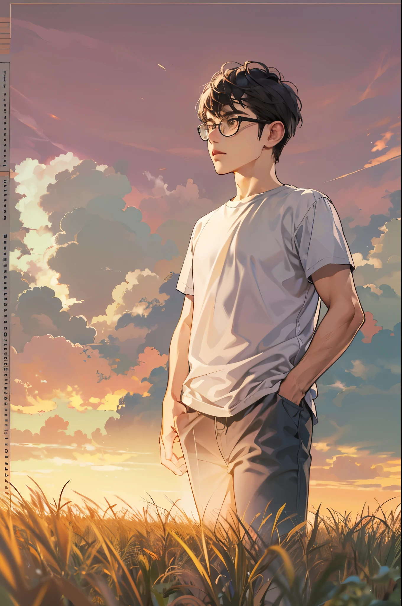 (absurdres, highres, ultra detailed, realistic, ), 1 boy,mature, solo, short black hair, white T-shirt,brown eyes, (glasses), grass and sunrise sky background, ultra - detailed, best quality, Detailed diagram, vectorized, 8K, Graphic design, vector lines, Full-HD,full body