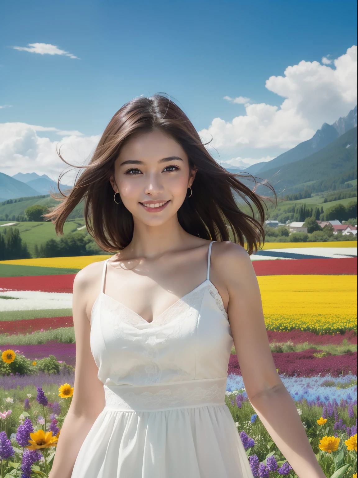 1girl, dynamic angle, clouds and mountains, (flower field:1.4) foreground, white dress, (colorful wind:1) (photorealistic:1.4), official art, unity 8k wallpaper, ultra detailed, aesthetically beautiful, masterpiece,top quality, cinematic lighting, smiling