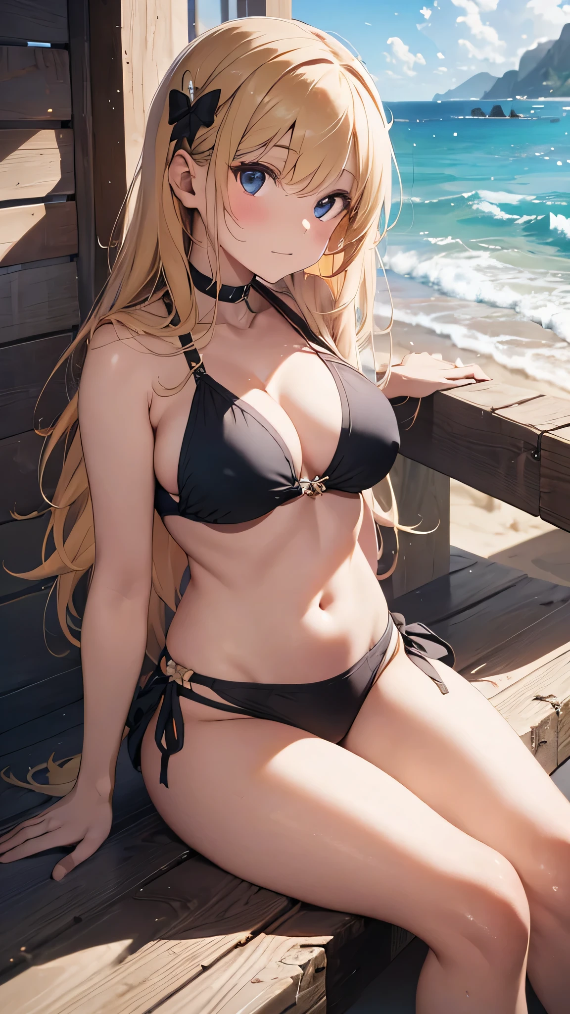 最high quality、best image quality、masterpiece、 girl((blonde beauty、American、16 yearcoming、vest bust、big bust,wide open breast tea、black eye, blonde、long hair、thin,highest valley、black bikini、cute,thin、sit、open thighs)),high quality、beautiful art、background((beach、beachパラソル、beachチェア)),debris flies、Depth of written boundary、movie、visual art、perfect art、8K,genuine、