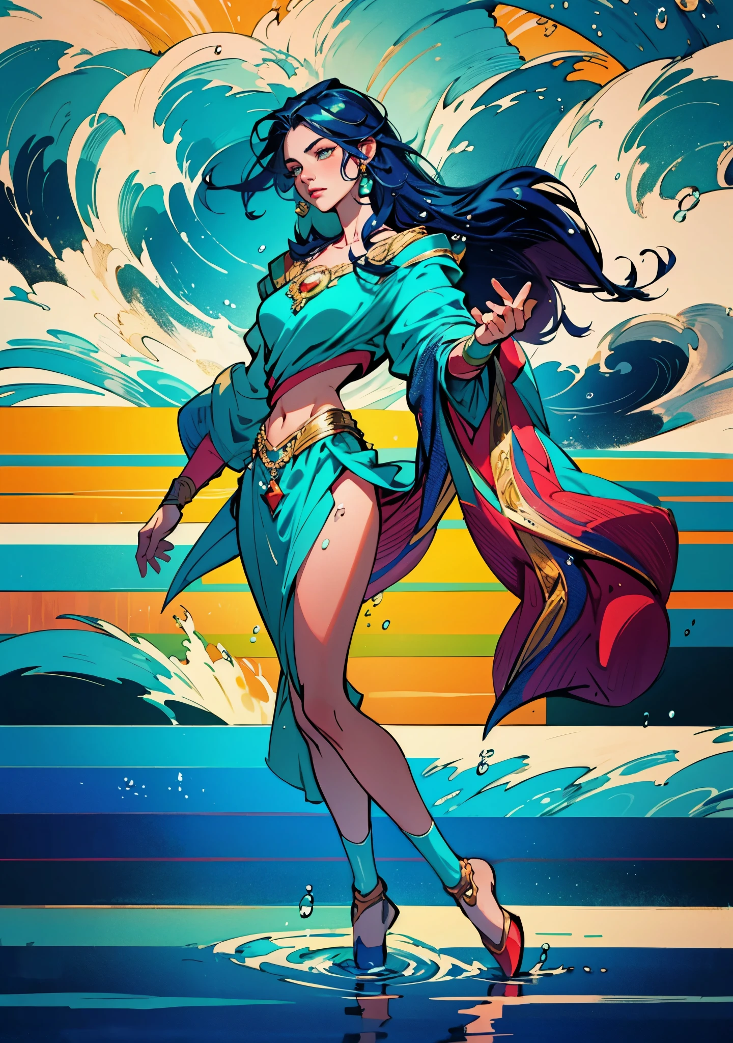 A beautiful woman with cascading waves of aqua-blue long hair, exquisite facial features, a melancholic expression, delicate and bright eyes, skin as smooth and radiant as polished jade, her slender and graceful figure dances like water splashes in the wind, a splendid fantasy-style islander ethnic costume, a short skirt resembling ocean waves, her slender legs leap lightly above the water surface, surrounded by splashing droplets that dance in the air, this character embodies a finely crafted fantasy-style female dancer in anime style, exquisite and mature manga art style, high definition, best quality, highres, ultra-detailed, ultra-fine painting, extremely delicate, professional, anatomically correct, symmetrical face, extremely detailed eyes and face, high quality eyes, creativity, RAW photo, UHD, 8k, Natural light, cinematic lighting, masterpiece-anatomy-perfect, masterpiece:1.5