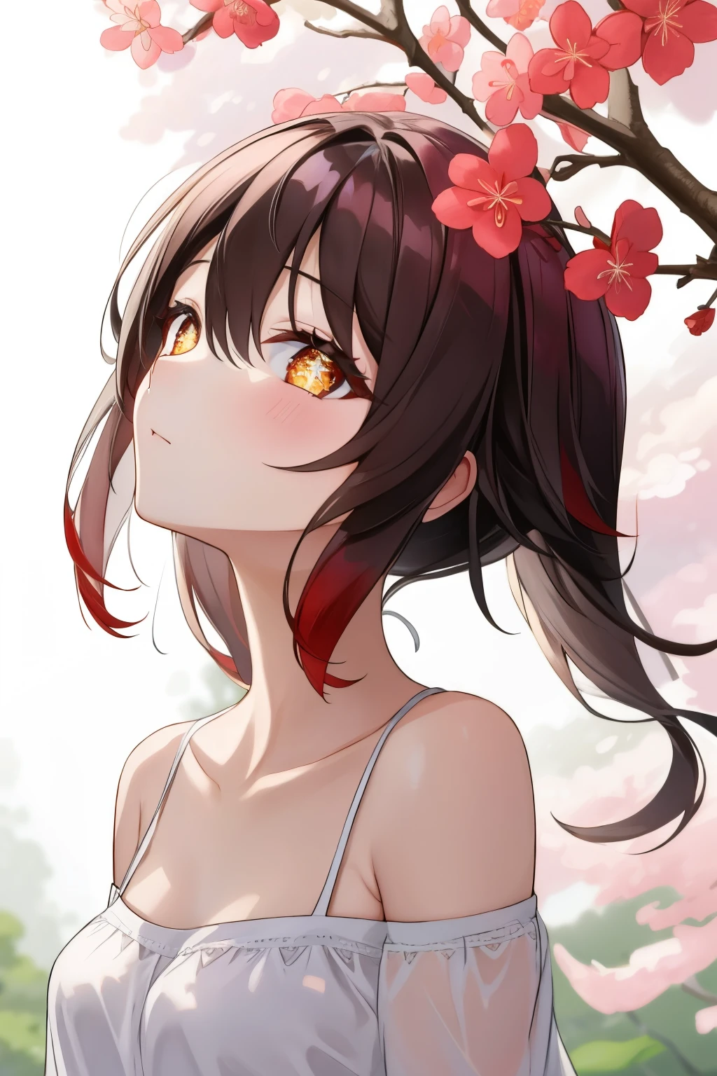 HuTaoV4,1girl,solo,short hair, off shoulder, collar bone, look at viewer, perfect fingers, armpit peek, Beautiful flowers bloom, (sparkles), (There is a blooming sakura)，standing under a tree, (head looking up), Look at the tree, Natural soft light, macaron, Still ethereal, Crisp and smooth lines, radiant morning light, soft luminescent glow,