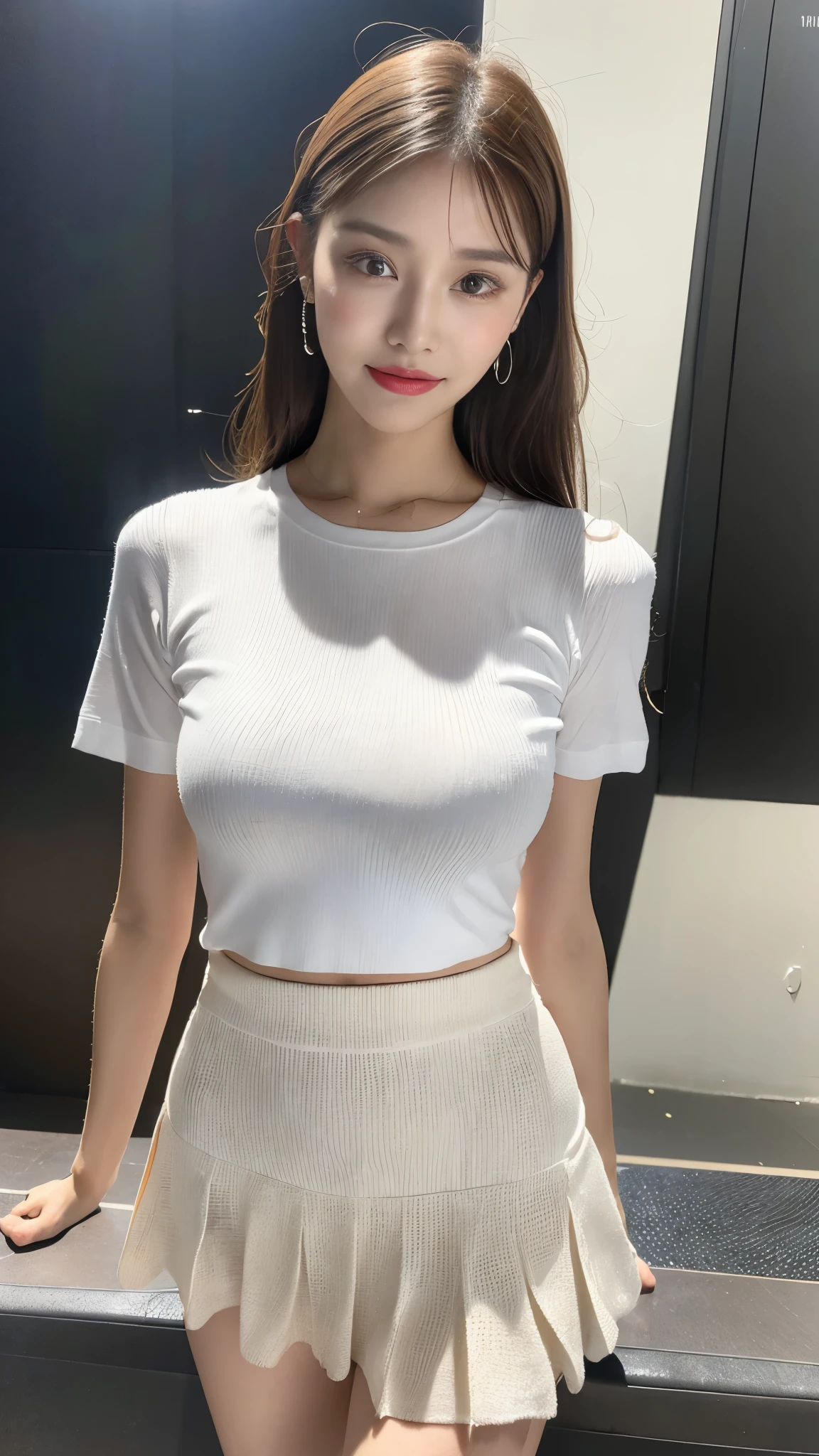 (in 8K, best-quality, masterpiece: 1.3), (intricate detailes:1.4), (Raw photo, Photorealsitic: 1.4), octane renderings, Complex 3D rendering ultra detail, Studio Soft Light, Rim Lights, vibrant detail, super detailing, realistic skin textures, Detail Face, Beautiful detail eyes, Very detailed CG Unity 16k wallpaper, make - up, (detailed background: 1.2), Realistic skin feeling, shinny skin, blur background, bokeh, (super model), (perfect body), ((full body: 1.2)), (wide shot, long shot: 1.5), Low Angle: 1.3, 1 Girl, Solo: 1.5, Night Concert Venue Stage, KPOP Star, KPOP Idol, KPOP Outfit, Sexy, Fancy Makeup, ((White tight t-shirt: 1.3)), Pleated skirt: 1.3, Raw legs, high heels, 100 degree open legs: 1.5, М legs, crotch open: 1.5, long brown hair, see-through wet white panties: 1.5, panties visible from under the skirt: 1.3, tall, height is 170 cm, long legs: 1.2, small breasts, beautiful face: 1.2, detailed female pubic shape is clearly visible: 1.3, pubic hair: 1.3, no panties:1.3、textured skin