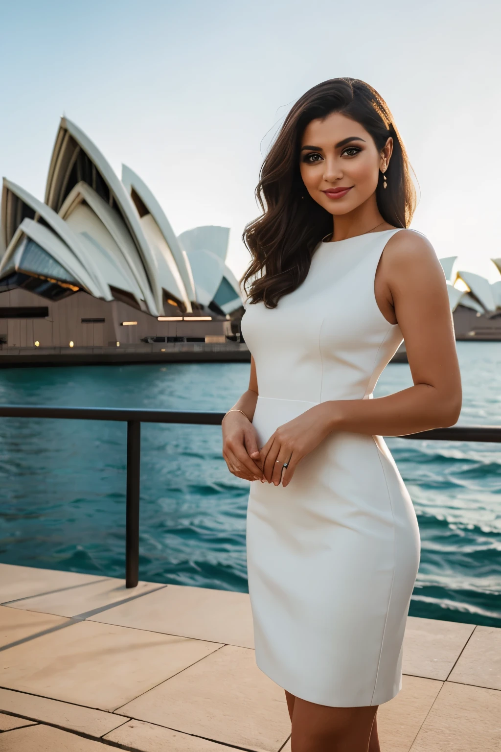 ((Exceptional Quality)), ((tmasterpiece)), ((Fidelity to reality)), A poised Jewish woman with captivating features, wearing subtle eyeliner and a stylish sheath dress, sets the scene against the backdrop of the iconic Sydney Opera House. ((Full of charisma:1.3)), she exudes confidence with a casual, enchanting smirk, capturing our hearts.
((Photorealistic:1.5)), ((Filmic)), A medium shot of this special moment in time is expertly framed using the Canon EOS R5 and RF 50mm F1.2L lens. The setting is bathed in soft, natural light, with
