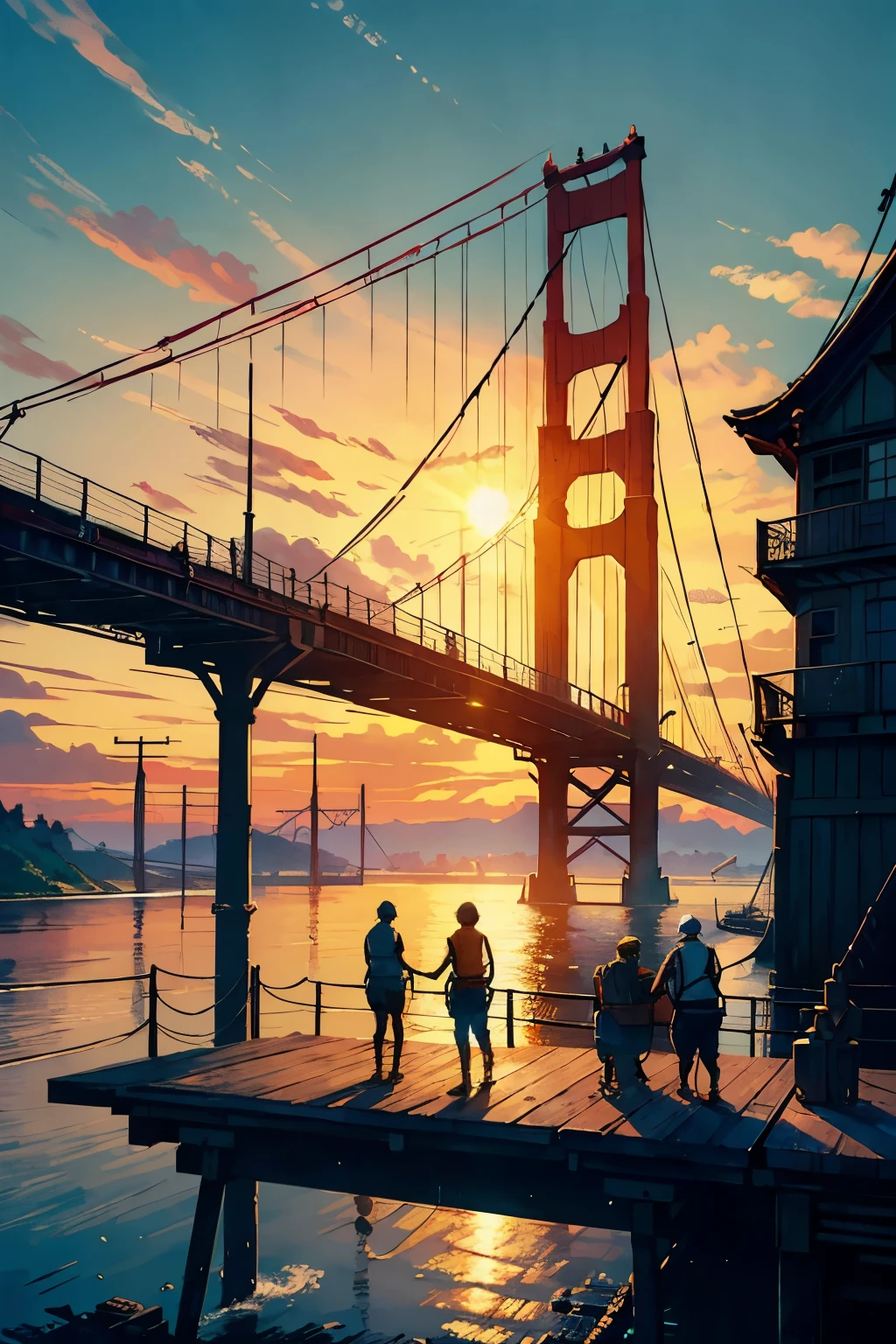 The workers diligently labored on the bridge, focused intently on their task. Sweat dripped from their brows as they firmly gripped their tools, determination etched on their faces. The sun cast a warm glow over the scene, highlighting the intricate details of the bridge's structure.
A crane stood tall in the background, its long arm reaching out to hoist heavy materials into place. Planks of wood were carefully laid down, securing each piece with nails and ropes. The sound of hammering filled the air, a testament to the bridge's slow but steady progress.
In the foreground, a worker leaned over the edge of the bridge, a wrench in