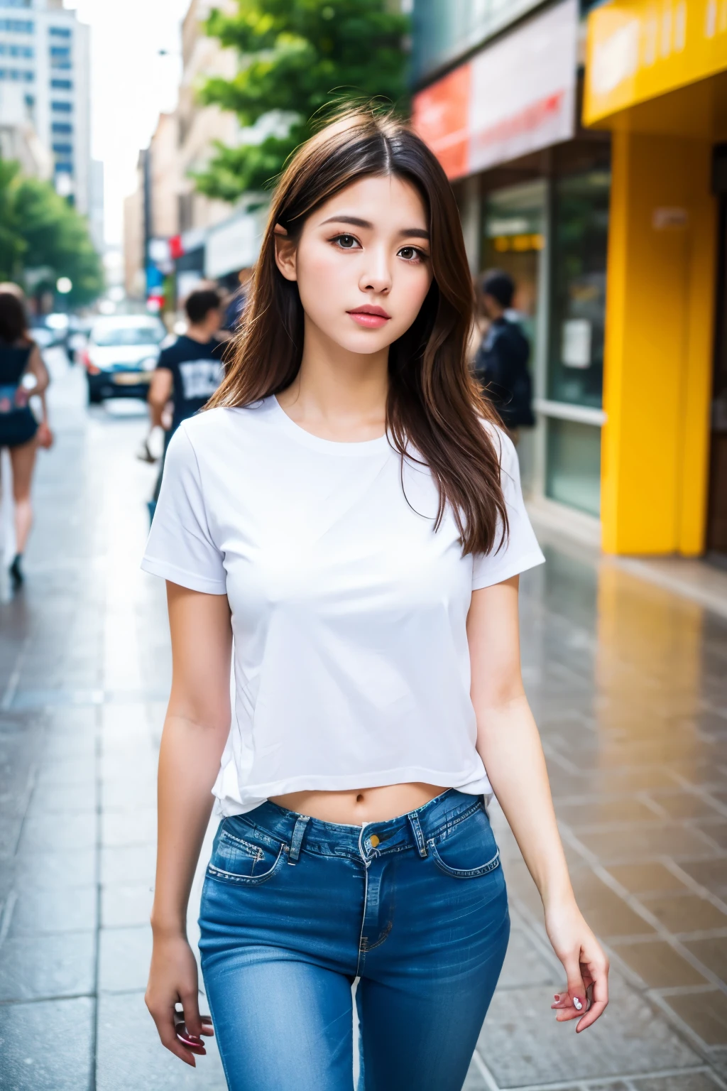 Sad theme , (best quality, masterpiece:1.2), 18yo beautiful girl walking in the city, white shirt and Jeans, , shoot the Sony a7,3.5 mm Lens, f 1.8 apature, lighting glow effect,no retouching,raw photo realistic, skin texture is very detail ,no makeup, background lighting is yellow, raining day,