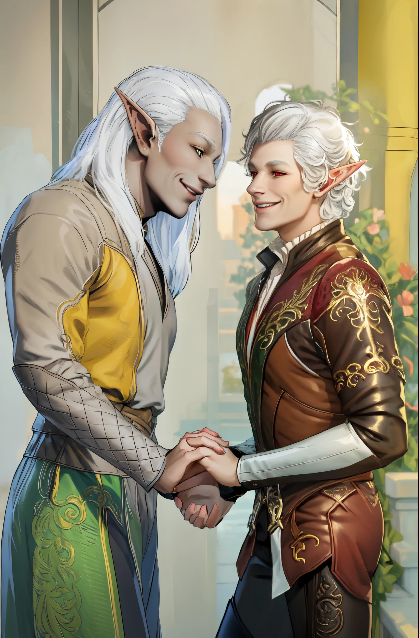 Astarion, wearing white nobles shirt, black leather pants, elf, red eyes, white sclera, white short hair, wavy hair, smiling lovingly, looking at other male, holding hands with male