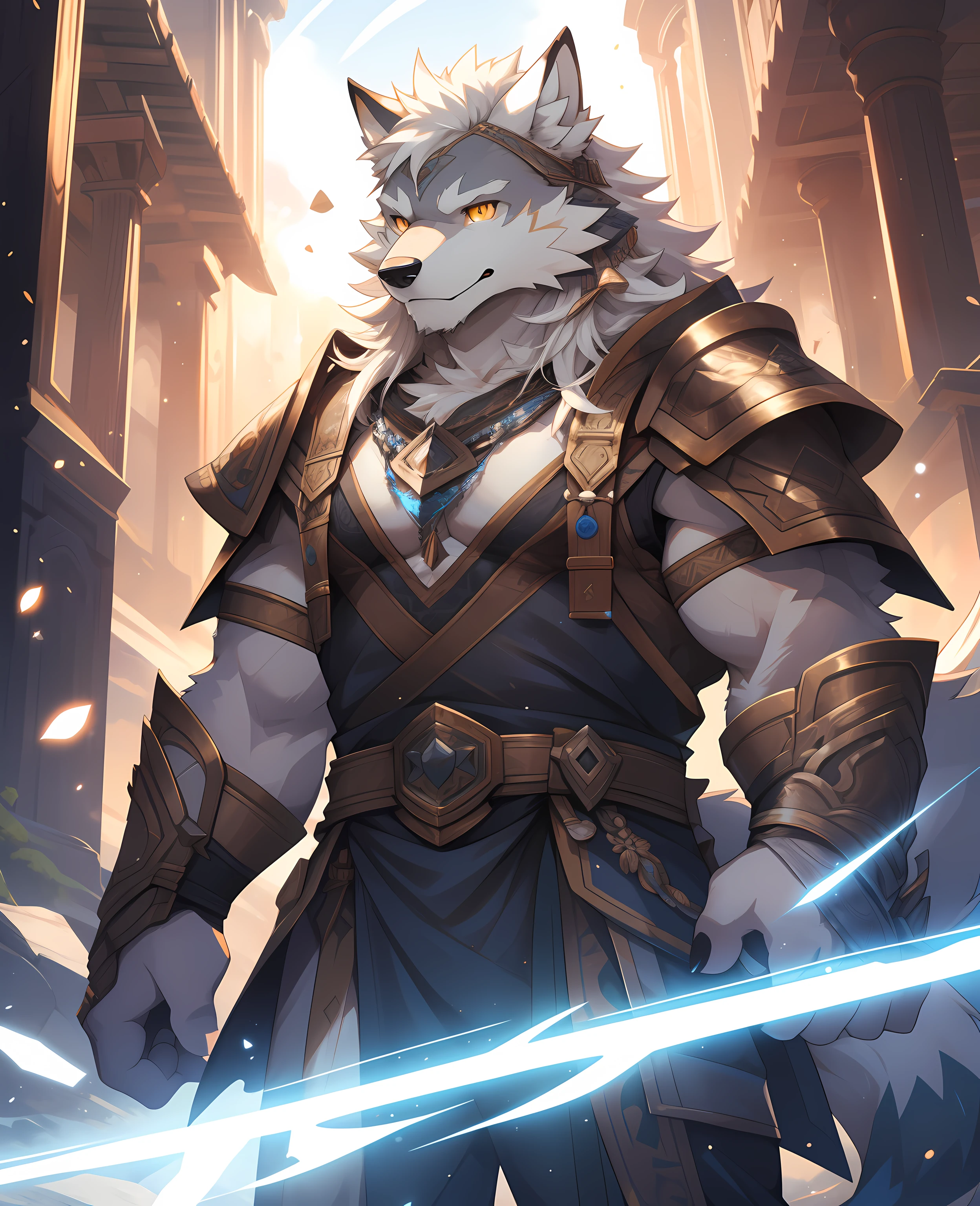 the only person,white body,White ears,white hair,Overall white,Orange-yellow eyes,wolf tail,Wolf orcs,young,Ultra-clear screen,soft lines, perfect lighting, light particles,(best quality),(masterpiece),(Super detailed),sharp focus,light particles, Detailed background