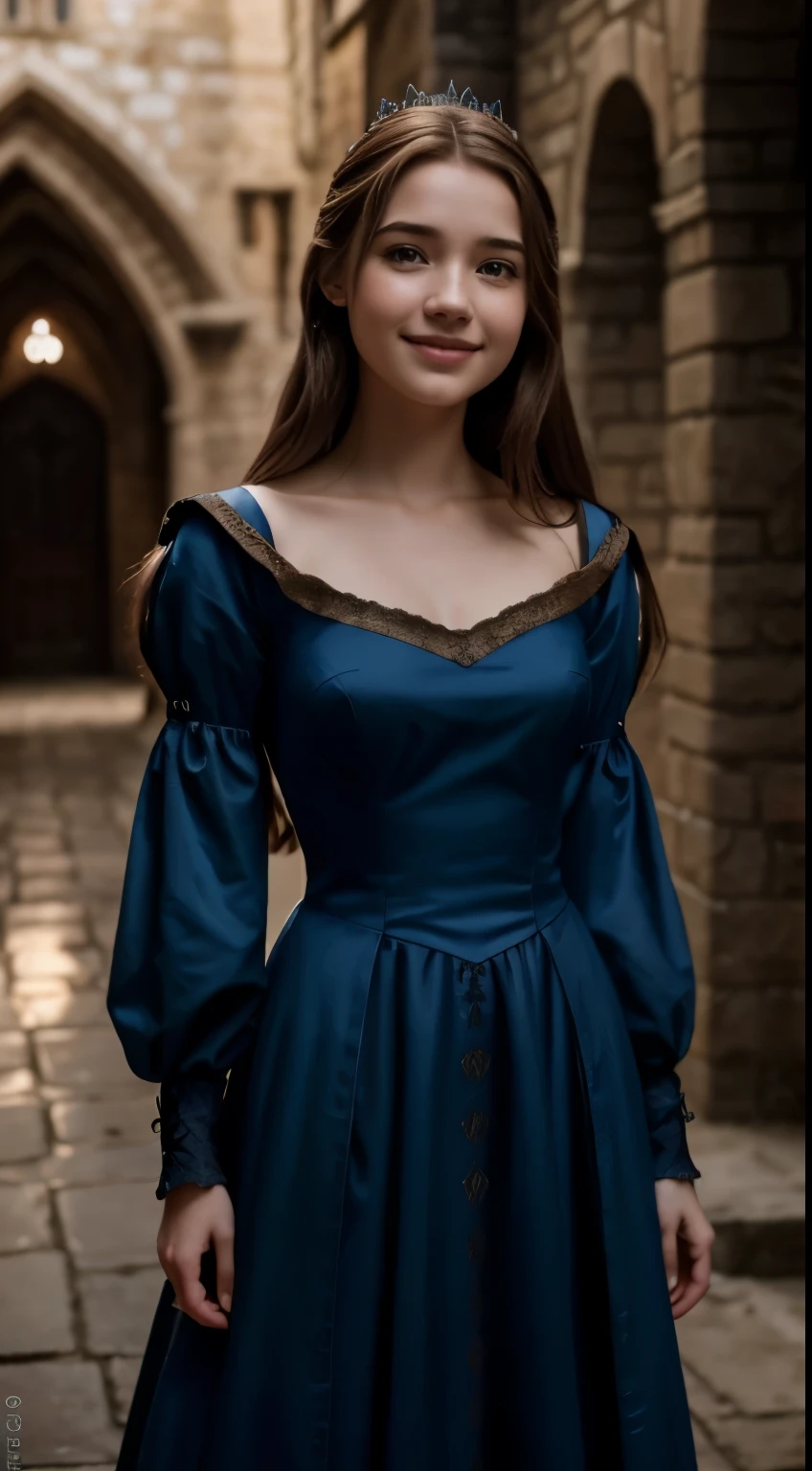 Foto hiperrealista en primer plano de Willa Fitzgerald, Create dystopian masterpieces, medieval clothing, rich dress, medieval dress with long-sleeves, blue dress, medieval castle, cinematic light, beautiful woman, skinny, small breasts, straight brown hair, detailed face, smile smile, photo taken from a distance, age 20 tears old