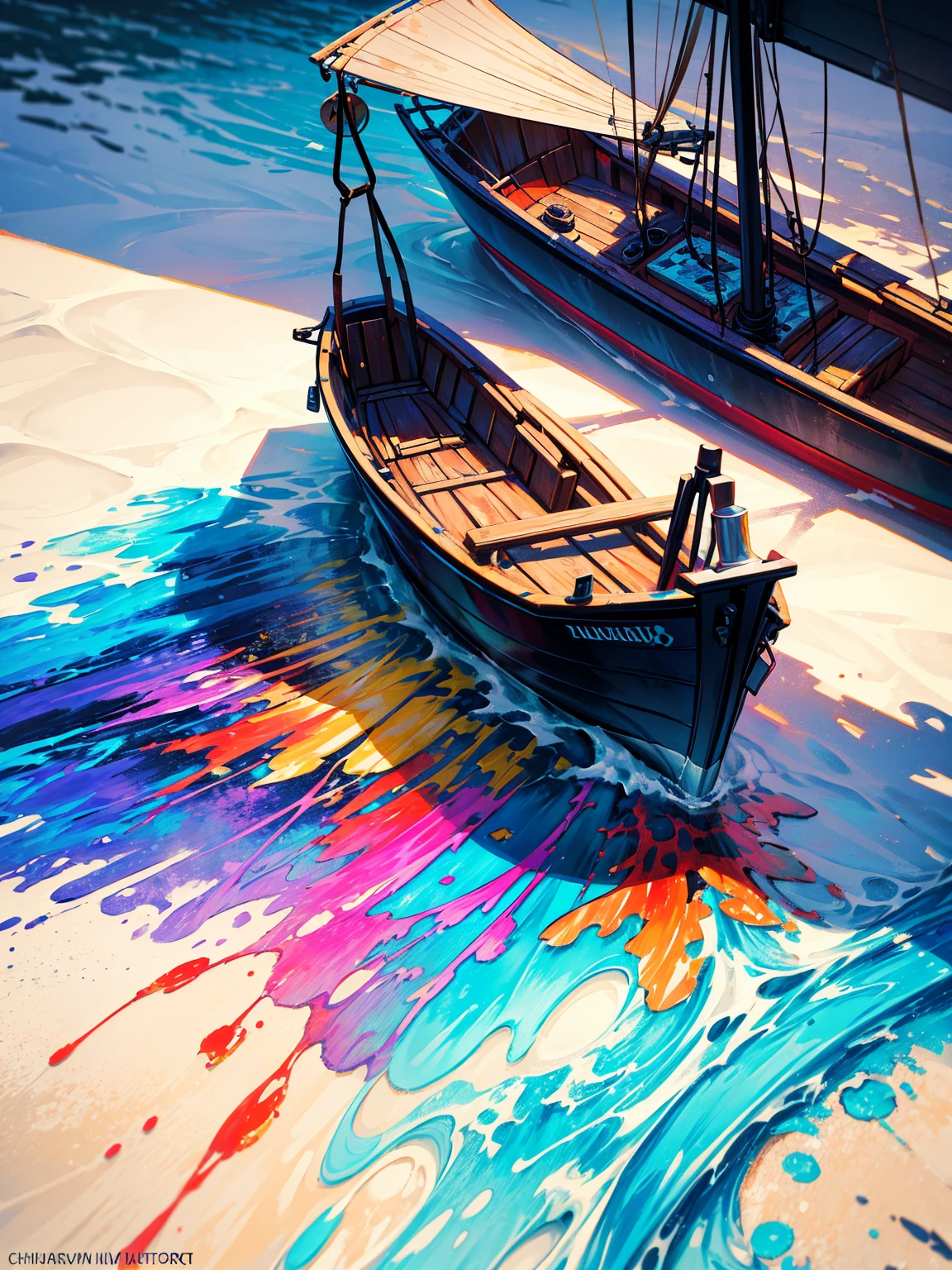 (splash art:1.2), Floral oil painting, Ink dripping, Fortnite style, 1 beautiful navigator, Boat, sea, (Colorful ink splatter style:1.5), (extremely colorful, best quality, detailed details, masterpiece, official art, Lighting effects, 8K, chiaroscuro)