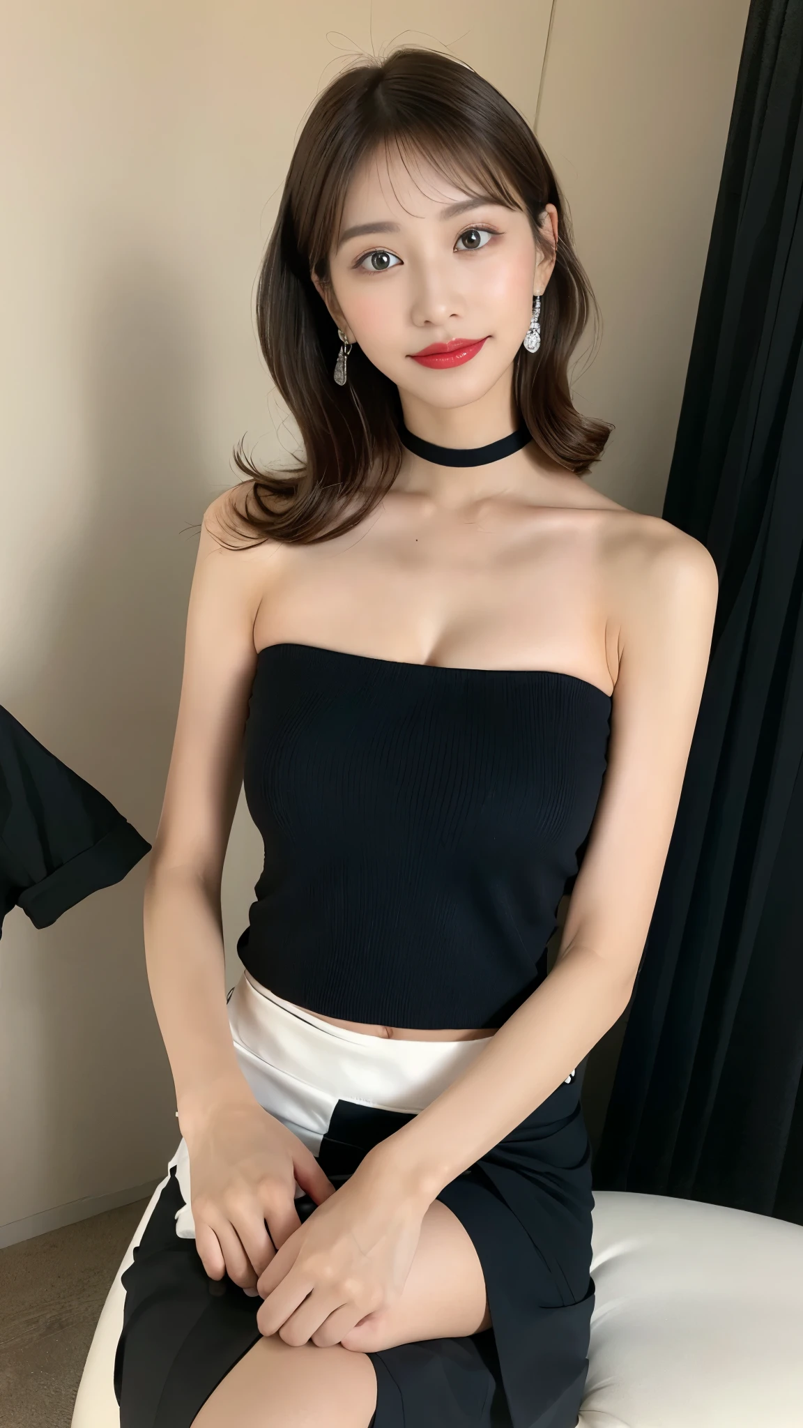NSFW, (in 8K, best-quality, masterpiece: 1.3), (intricate detailes:1.4), (Raw photo, Photorealsitic: 1.4), octane renderings, Complex 3D rendering ultra detail, Studio Soft Light, Rim Lights, vibrant detail, super detailing, realistic skin textures, (full body, long shot, wide shot: 1.5), Detail Face, Beautiful detail eyes, Very detailed CG Unity 16k wallpaper, make - up, (detailed background: 1.2), Realistic skin feeling, shinny skin, blur background, bokeh, supermodel, perfect body, (femele: 1.4), 1girl in, goddes, 25 years old, costume photography, The whole picture, Nikon SLR camera, Focus aperture F.2, focal length 85mm,  (Medium breasts), ((Black bandeau top: 1.2)), (Mini skirt), Black bra and garter stockings, (Sitting on the chair), (Crossed legs),  , 30 years old woman in business casual dress posing for photos, sitting on a bed, Elegant dress, black curly hair, Double eyelids, Black eyes, fine eye details, long eyelashes, fine eyelash details, Snow-white skin, Fine skin texture, Pozi style clothing, formalwear, Business Wear, Tight red mini skirt, business skirt, business skirt, delicate skirt, luxurious skirt, thin waist, the detailed images, elegant intellectual charm beautiful, Charming, elegant high quality, Cheerful, romantic, Natural smile, Looking at the camera
