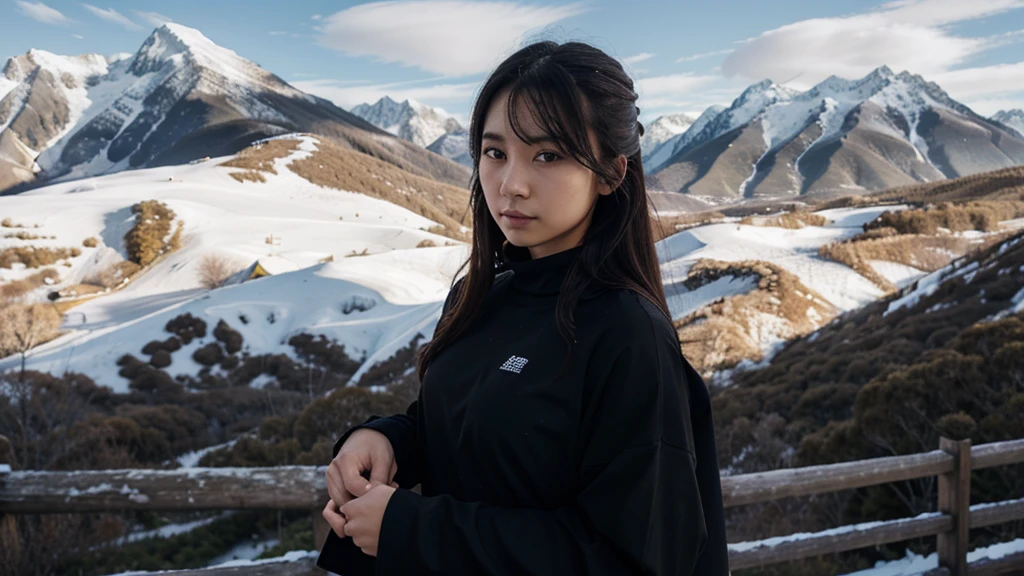 Black shirt with long sleeves、Compression、Snowy mountains in the background