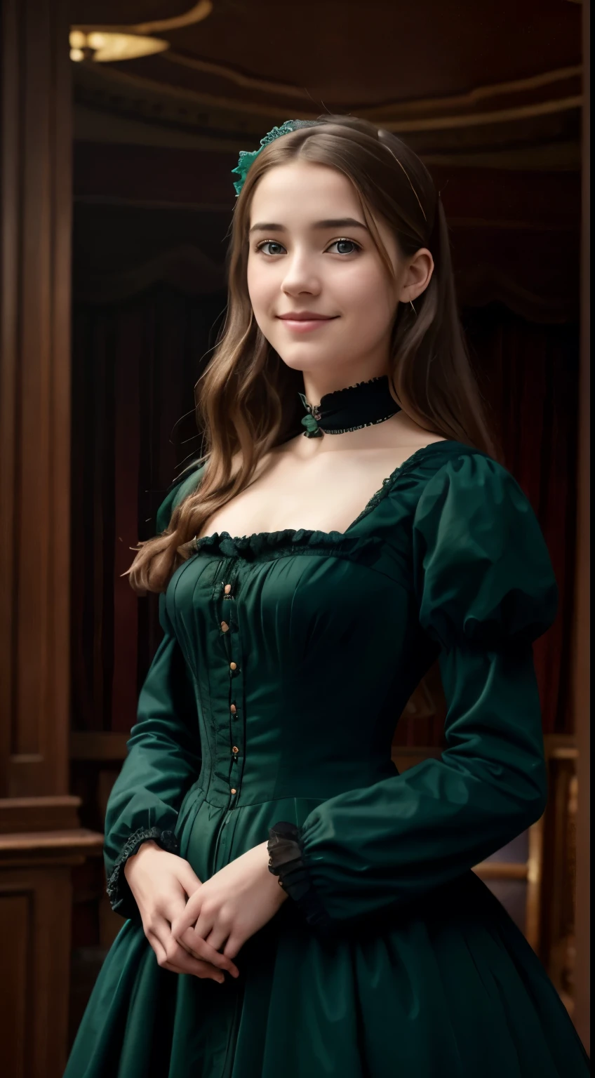 Foto hiperrealista en primer plano de Willa Fitzgerald, Create dystopian masterpieces, victorian era clothing, rich dress, wearing a Victorian-era dress with long-sleeves, green dress, victorian saloon, cinematic ligh, beautiful woman, skinny, small breasts, straight brown hair, detailed face, smile smile, photo taken from a distance, age 20 tears old