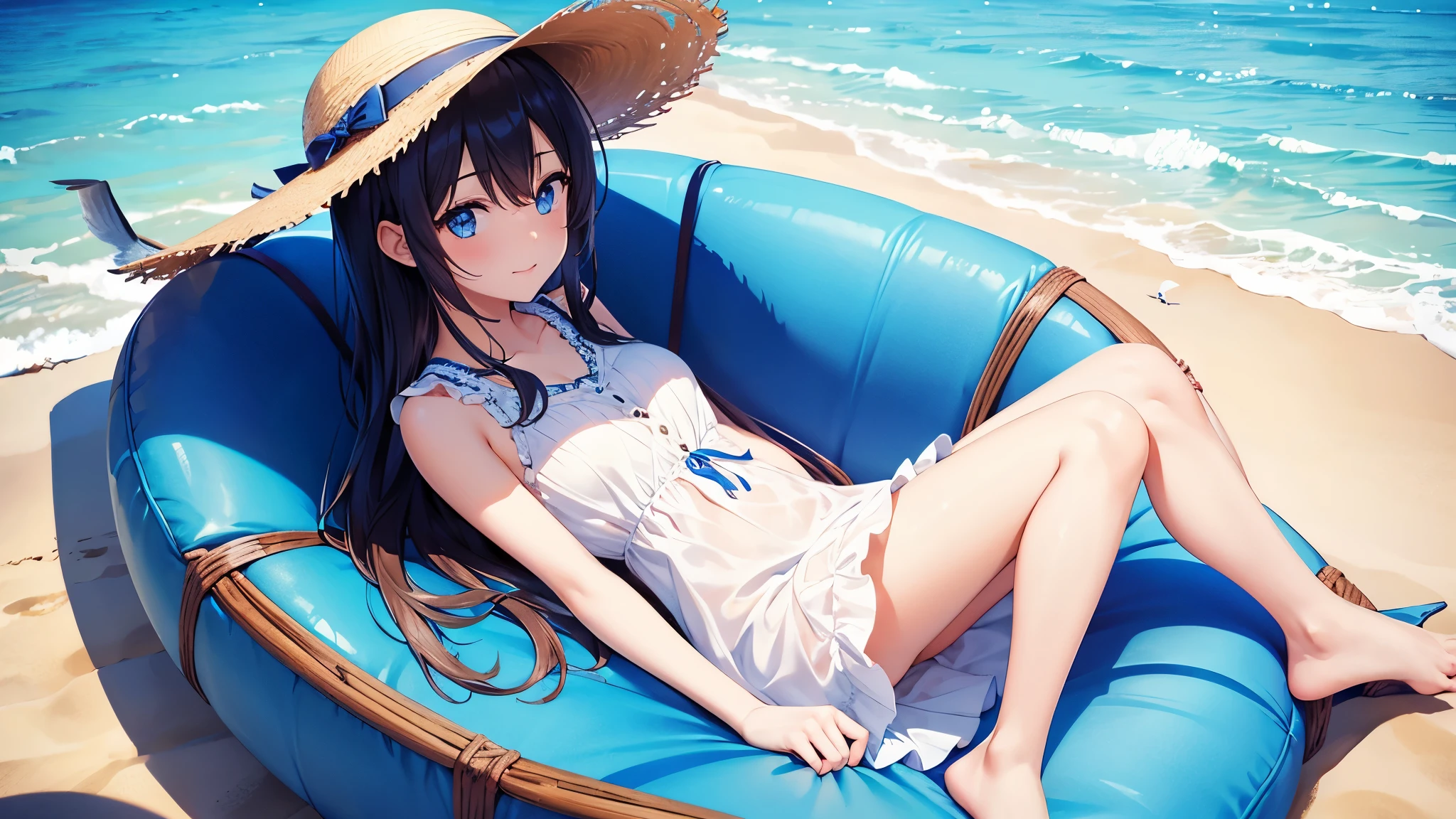A girl lies in a chair,Sunlight,summer day,seagulls,beach,Wear a sleeveless dress,Sun hat,full-body shot,long hair,blue eyes,looking at the screen,