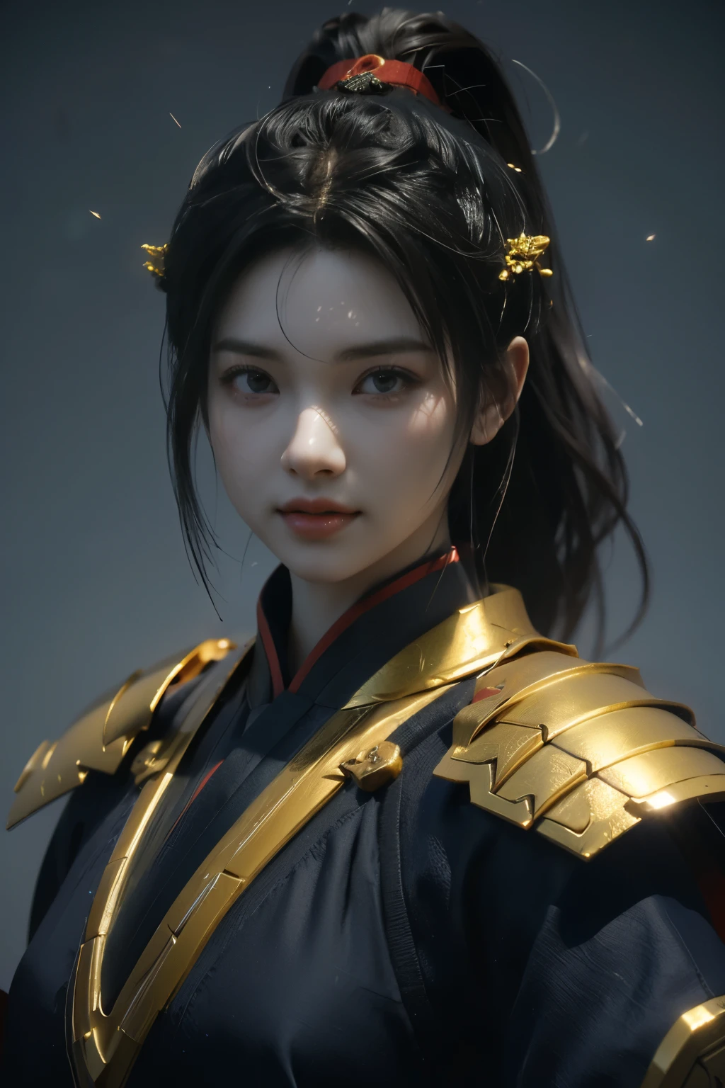 Game art，The best picture quality，Highest resolution，8K，(A bust photograph)，(Portrait from bust:1.5)，(Head close-up)，(Rule of thirds)，Unreal Engine 5 rendering works， (The Girl of the Future)，(Female Warrior)， 
20岁少女，(The warrior in ancient China)，(Short ponytail hairstyle)，An eye rich in detail，(Big breasts)，优雅高贵，冷漠，(Smile)，
(The costume of Chinese swordsman elements，Costumes of ancient Chinese characters，Armor，The costume is red and gold，Heavy armour，Joint Armor)，(Chinese Hanfu:1.3)，人物，奇幻风格，
拍照姿势，野外背景，Movie lights，Ray tracing，Game CG，((3D Unreal Engine))，oc渲染反射纹